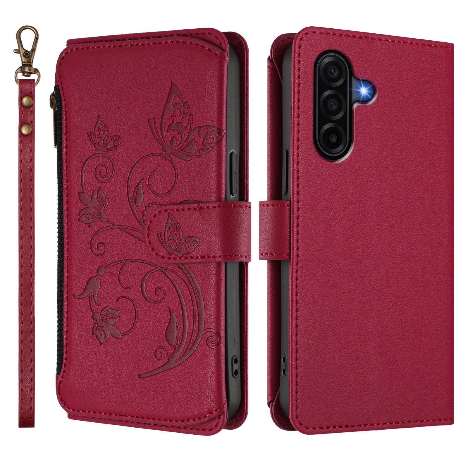 For Samsung Galaxy A57 5G Leather Case Butterfly Floral Imprint Zipper Wallet Stand Cover with Wrist Strap - Wine Red
