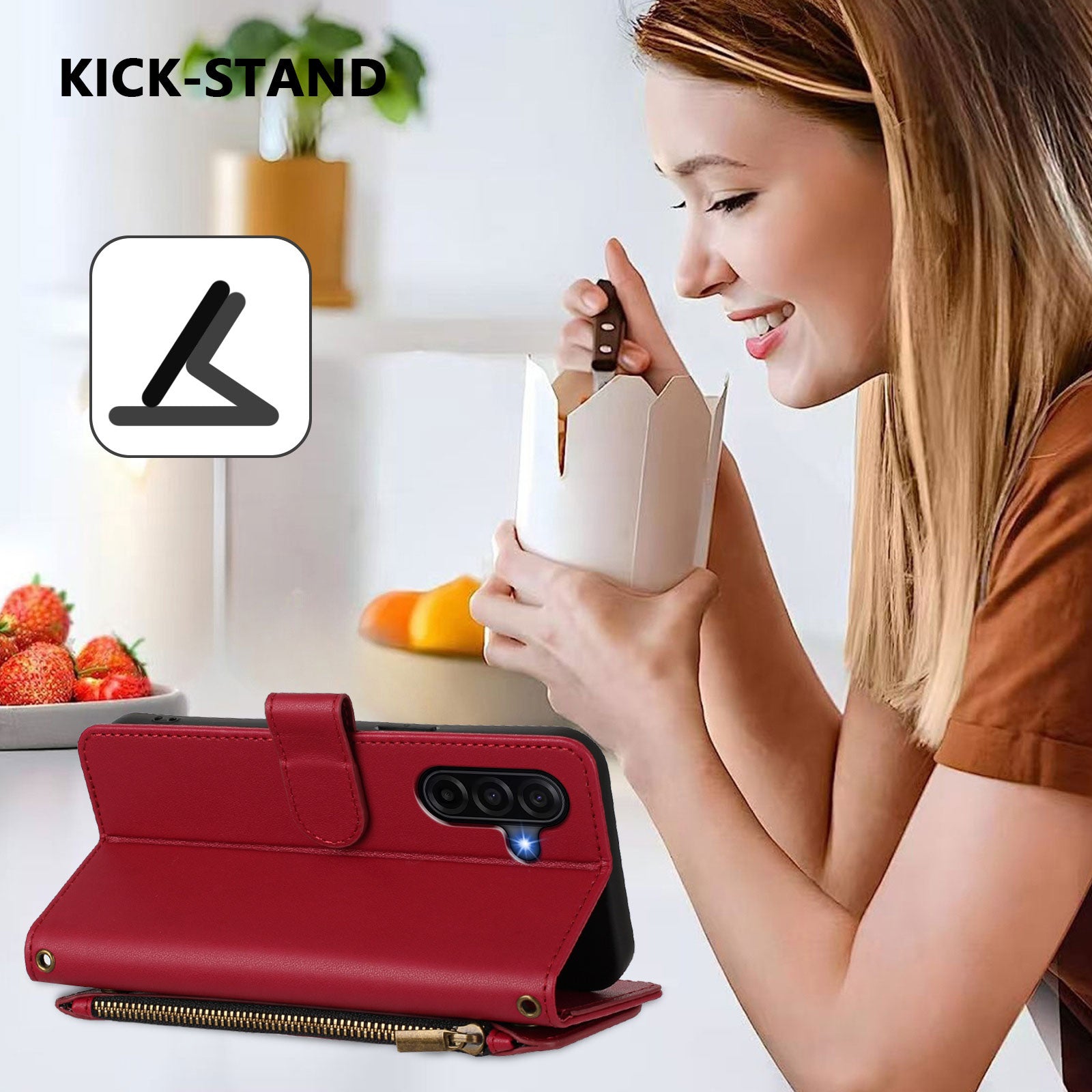 For Samsung Galaxy A57 5G Leather Case Butterfly Floral Imprint Zipper Wallet Stand Cover with Wrist Strap - Wine Red