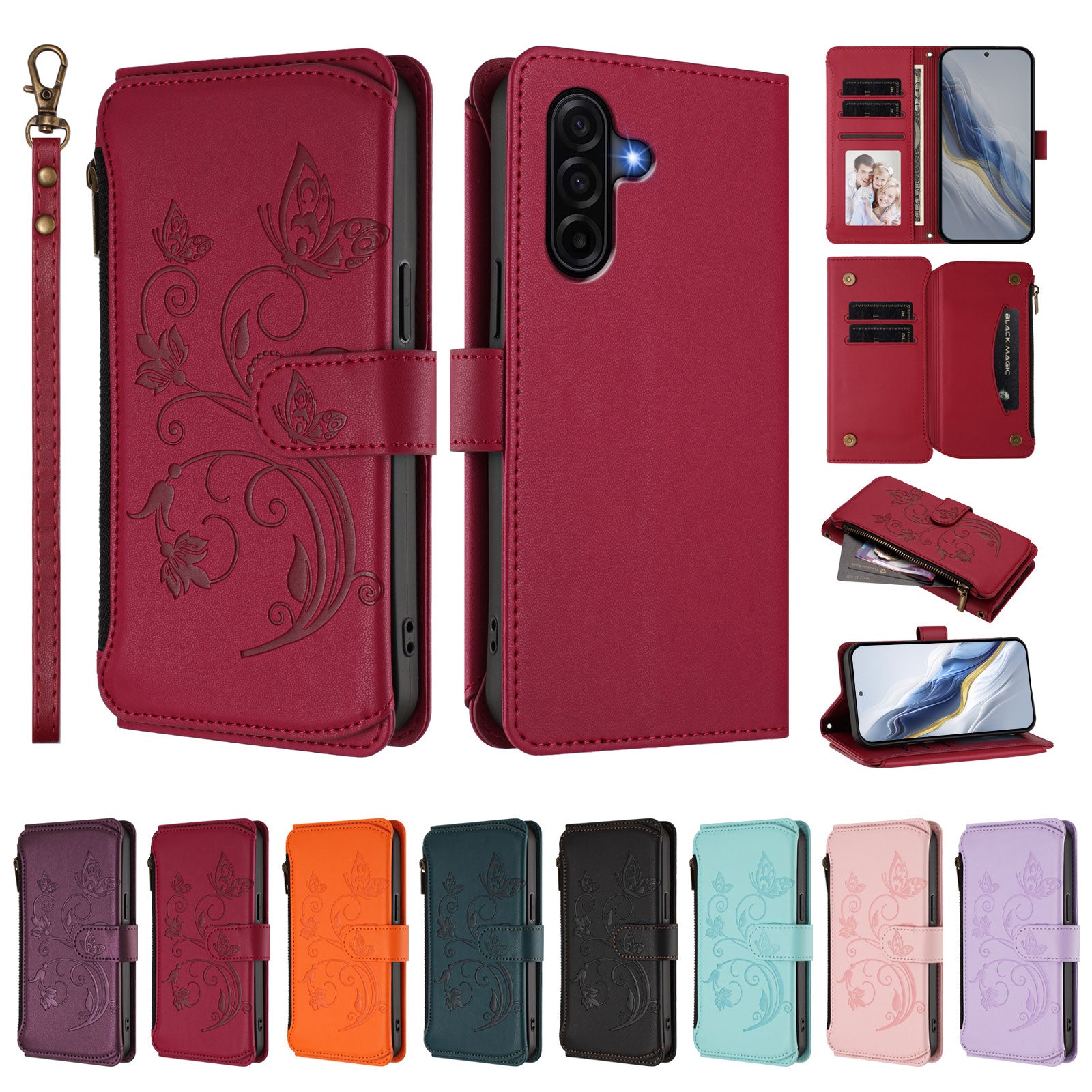 For Samsung Galaxy A57 5G Leather Case Butterfly Floral Imprint Zipper Wallet Stand Cover with Wrist Strap - Wine Red
