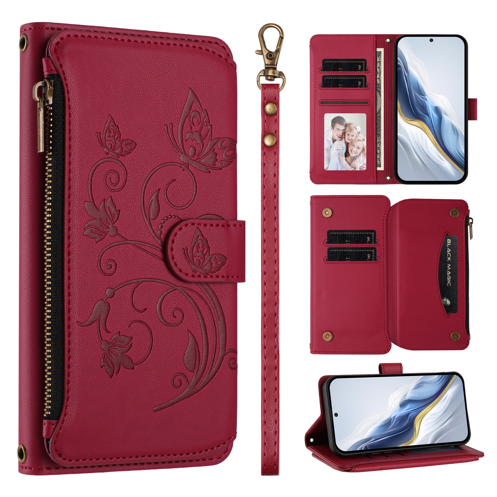 For Samsung Galaxy A57 5G Leather Case Butterfly Floral Imprint Zipper Wallet Stand Cover with Wrist Strap - Wine Red