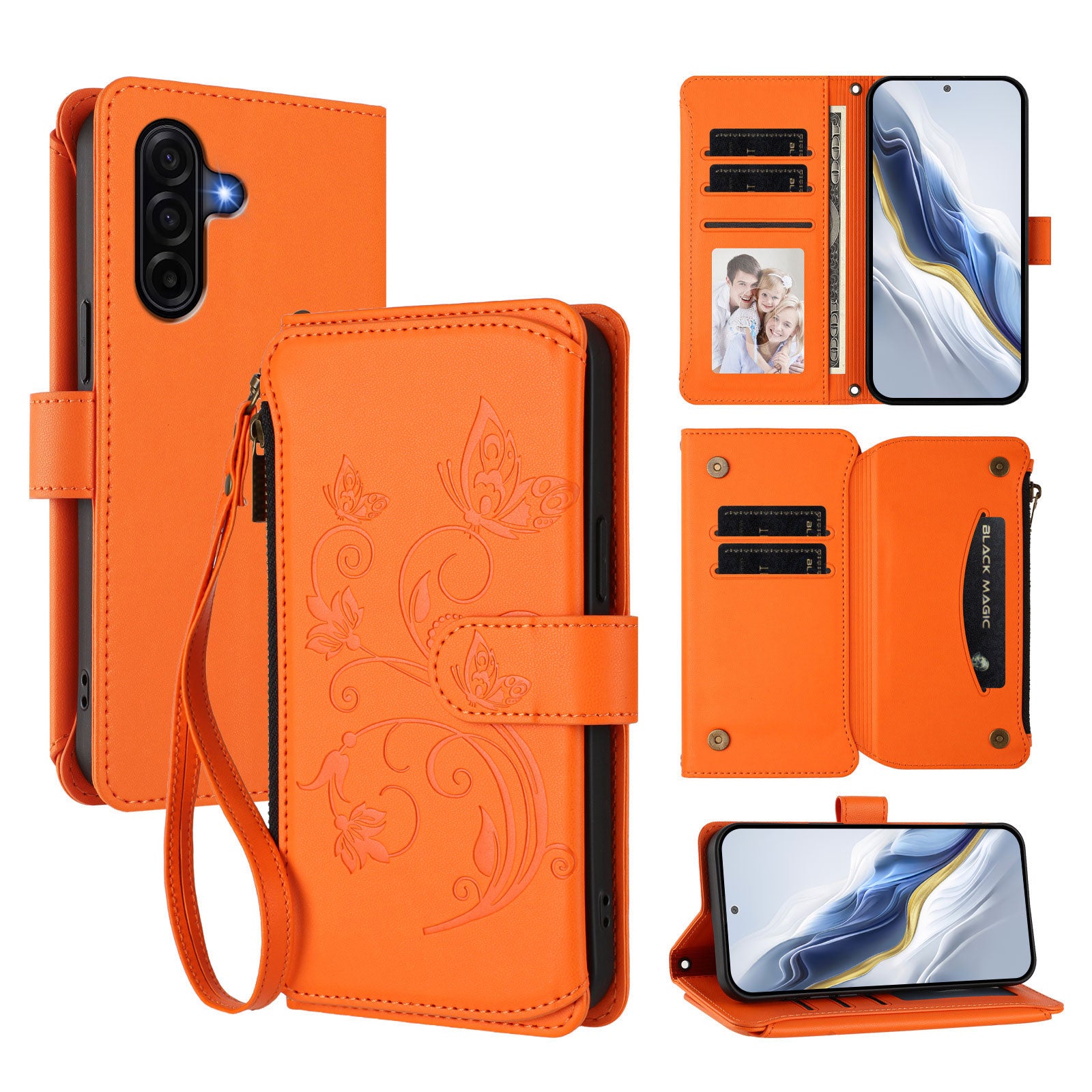 For Samsung Galaxy A57 5G Leather Case Butterfly Floral Imprint Zipper Wallet Stand Cover with Wrist Strap - Orange