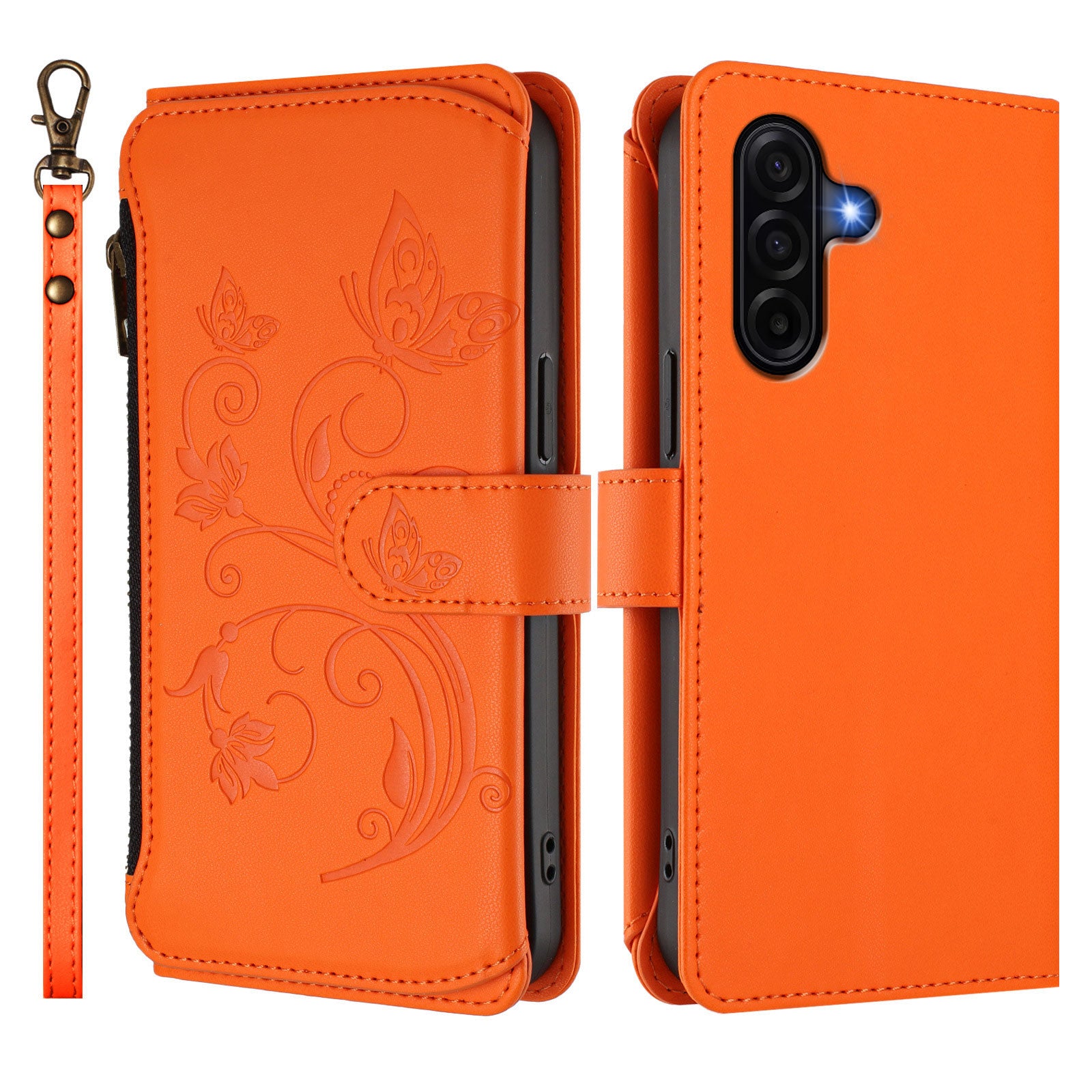 For Samsung Galaxy A57 5G Leather Case Butterfly Floral Imprint Zipper Wallet Stand Cover with Wrist Strap - Orange