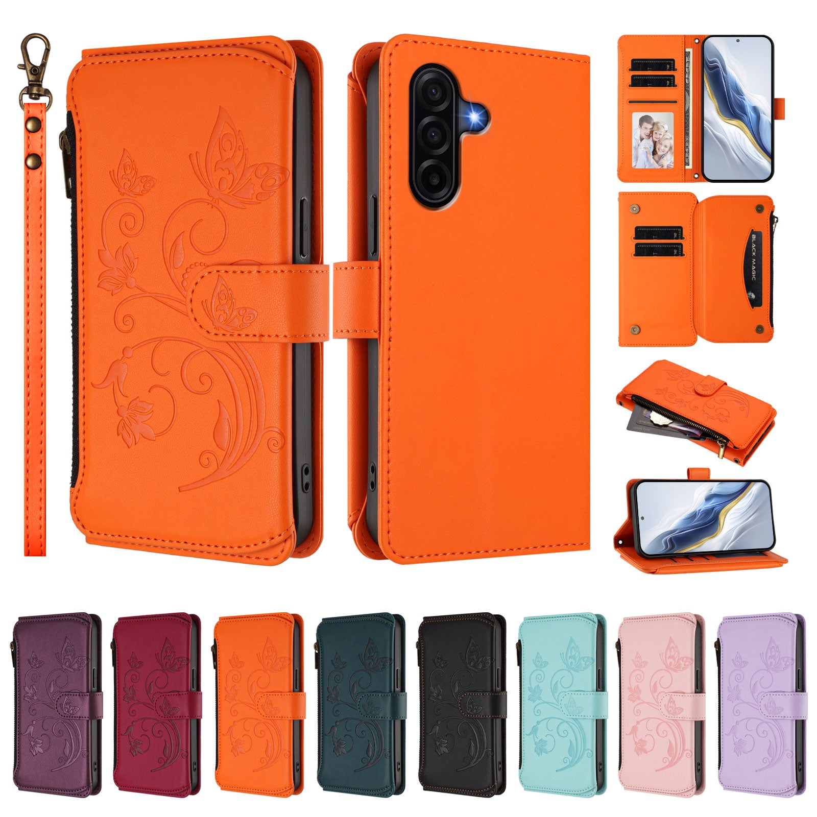 For Samsung Galaxy A57 5G Leather Case Butterfly Floral Imprint Zipper Wallet Stand Cover with Wrist Strap - Orange