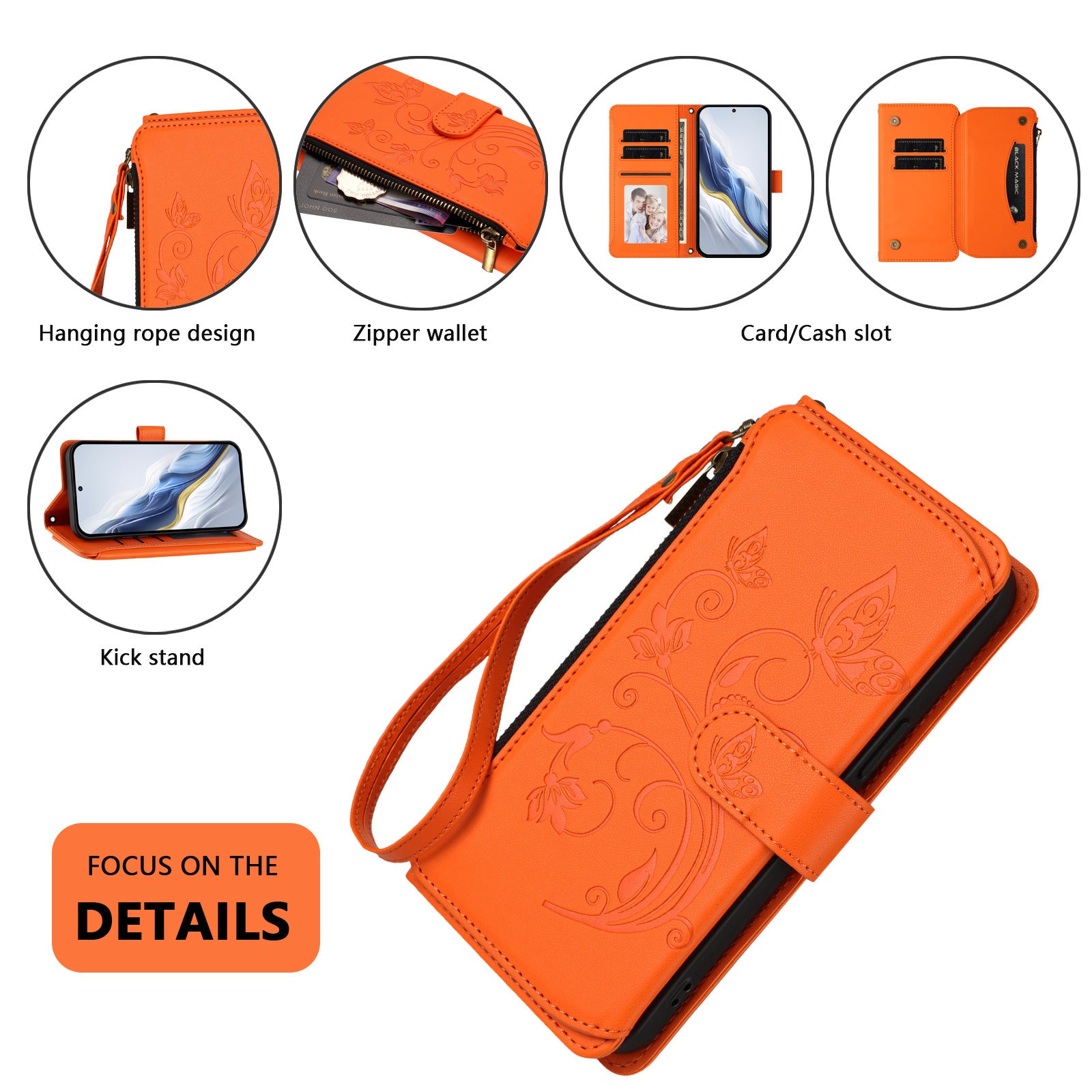 For Samsung Galaxy A57 5G Leather Case Butterfly Floral Imprint Zipper Wallet Stand Cover with Wrist Strap - Orange