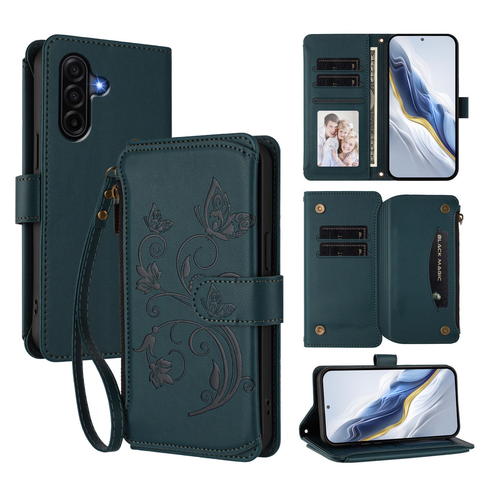For Samsung Galaxy A57 5G Leather Case Butterfly Floral Imprint Zipper Wallet Stand Cover with Wrist Strap - Green