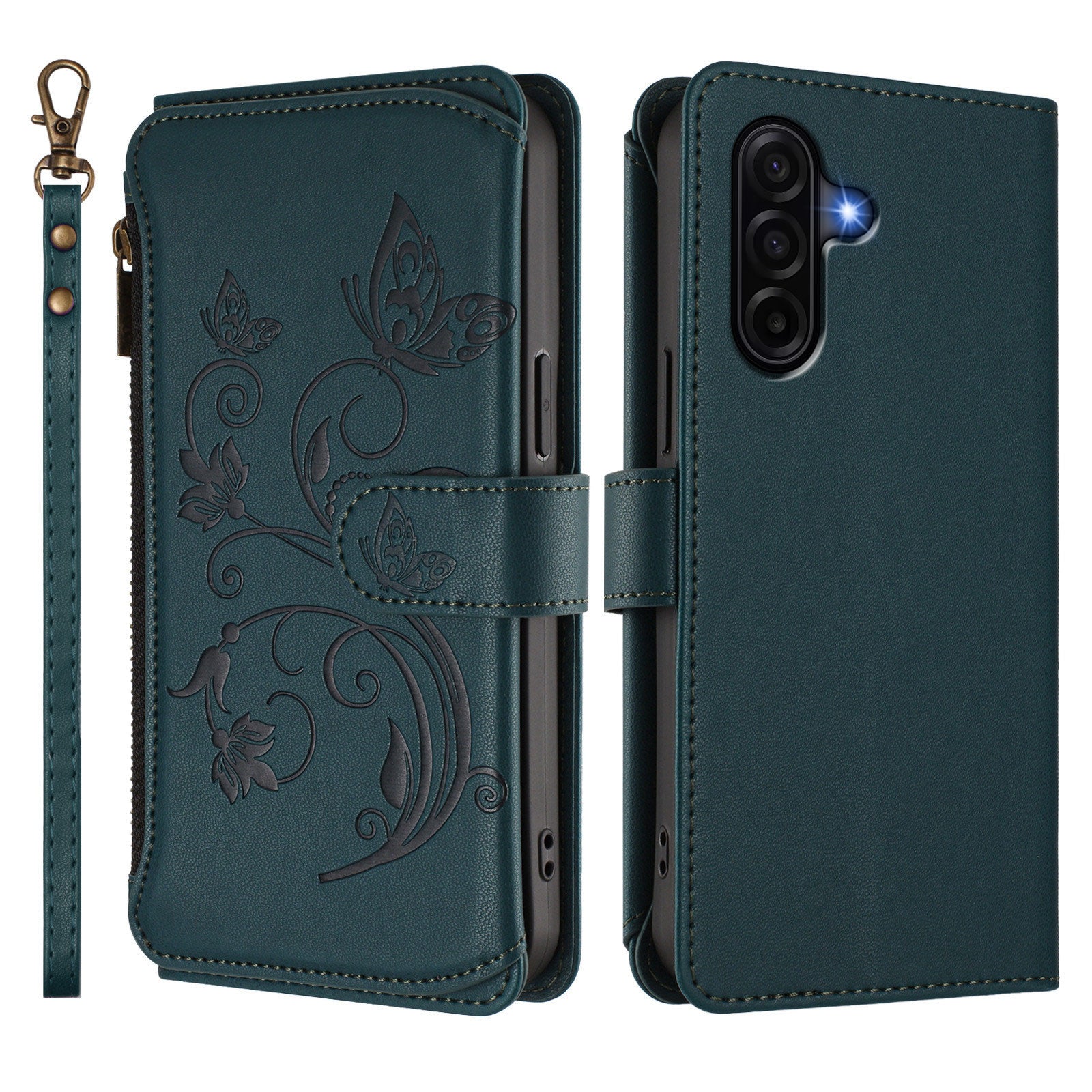 For Samsung Galaxy A57 5G Leather Case Butterfly Floral Imprint Zipper Wallet Stand Cover with Wrist Strap - Green