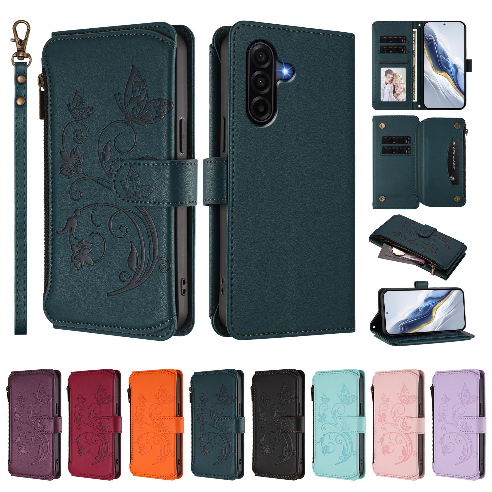 For Samsung Galaxy A57 5G Leather Case Butterfly Floral Imprint Zipper Wallet Stand Cover with Wrist Strap - Green