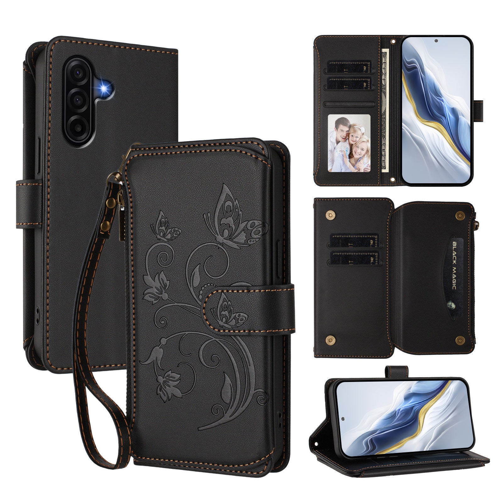 For Samsung Galaxy A57 5G Leather Case Butterfly Floral Imprint Zipper Wallet Stand Cover with Wrist Strap - Black