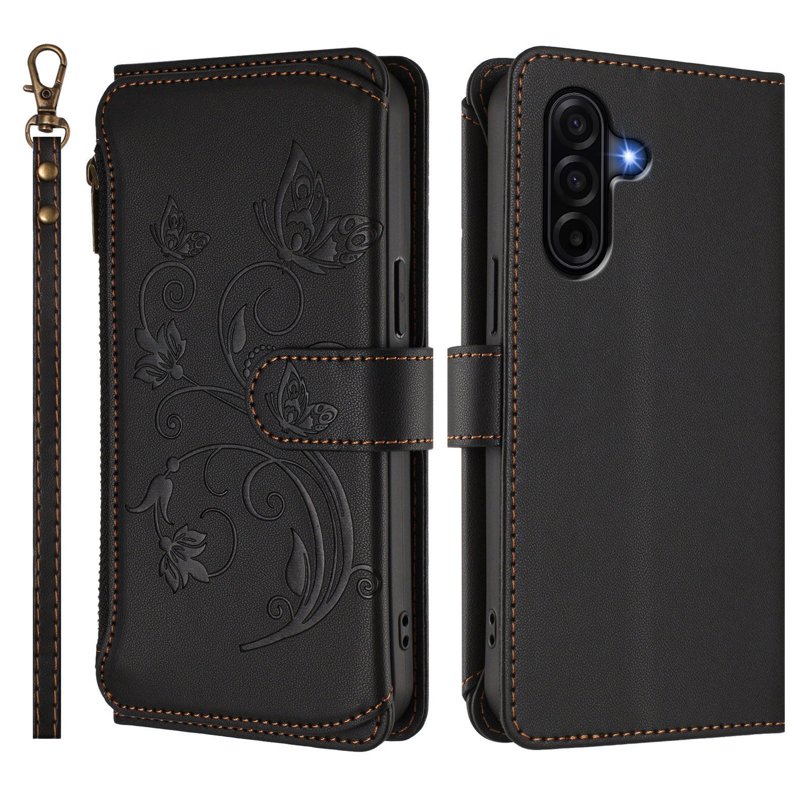 For Samsung Galaxy A57 5G Leather Case Butterfly Floral Imprint Zipper Wallet Stand Cover with Wrist Strap - Black
