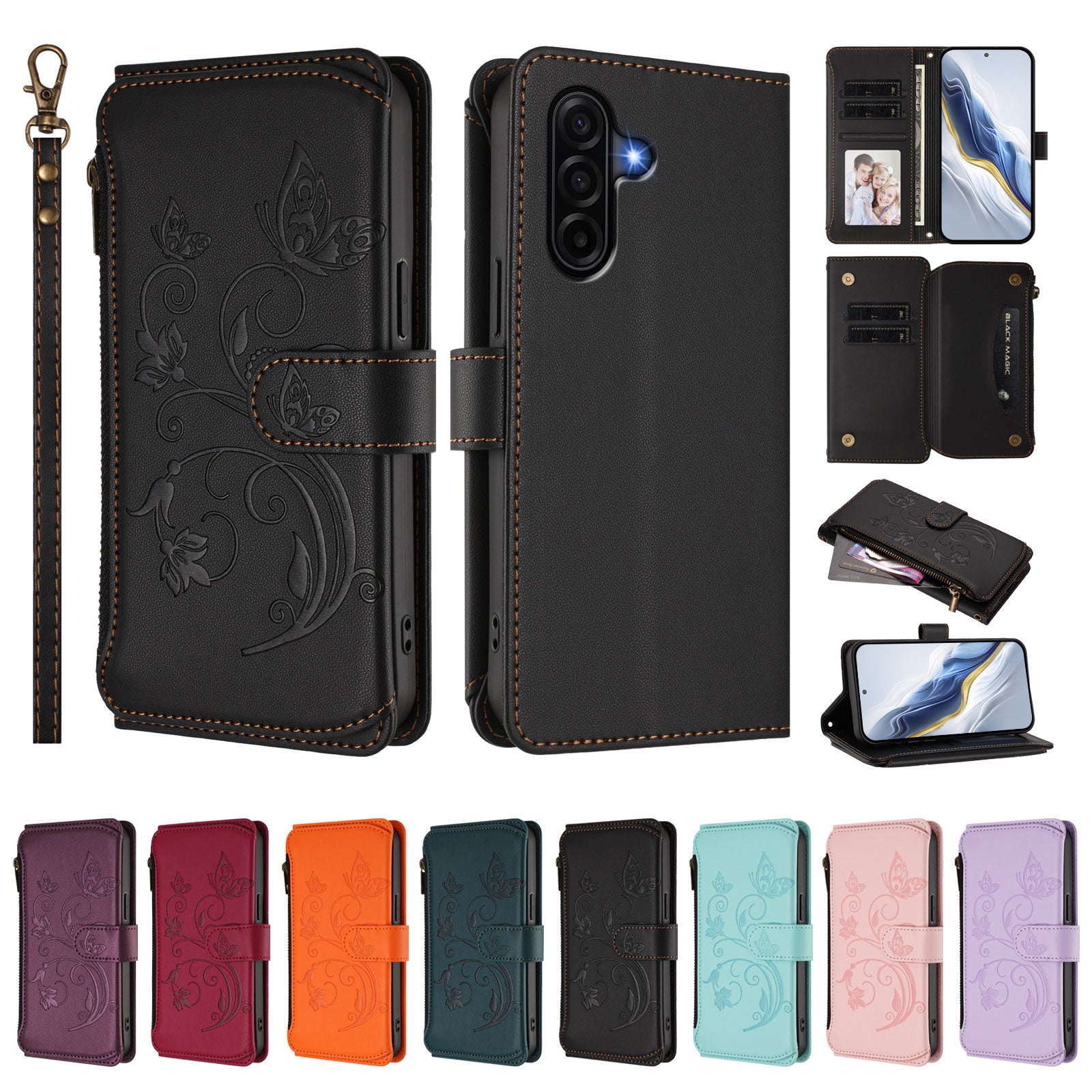 For Samsung Galaxy A57 5G Leather Case Butterfly Floral Imprint Zipper Wallet Stand Cover with Wrist Strap - Black