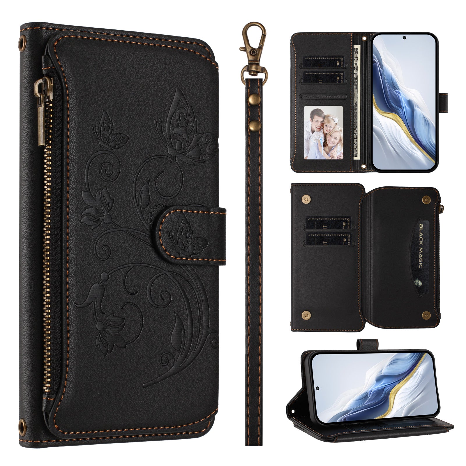For Samsung Galaxy A57 5G Leather Case Butterfly Floral Imprint Zipper Wallet Stand Cover with Wrist Strap - Black