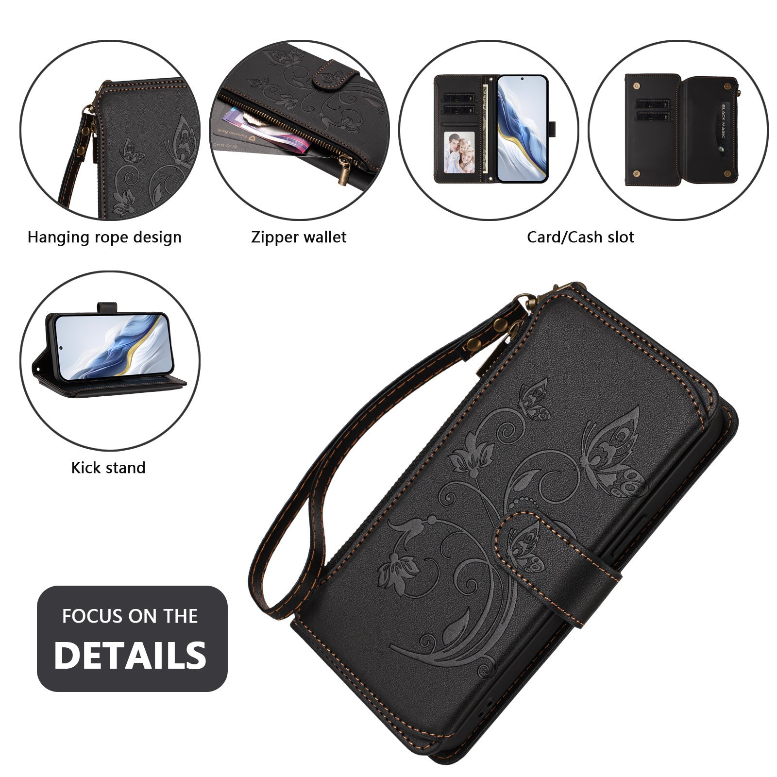 For Samsung Galaxy A57 5G Leather Case Butterfly Floral Imprint Zipper Wallet Stand Cover with Wrist Strap - Black