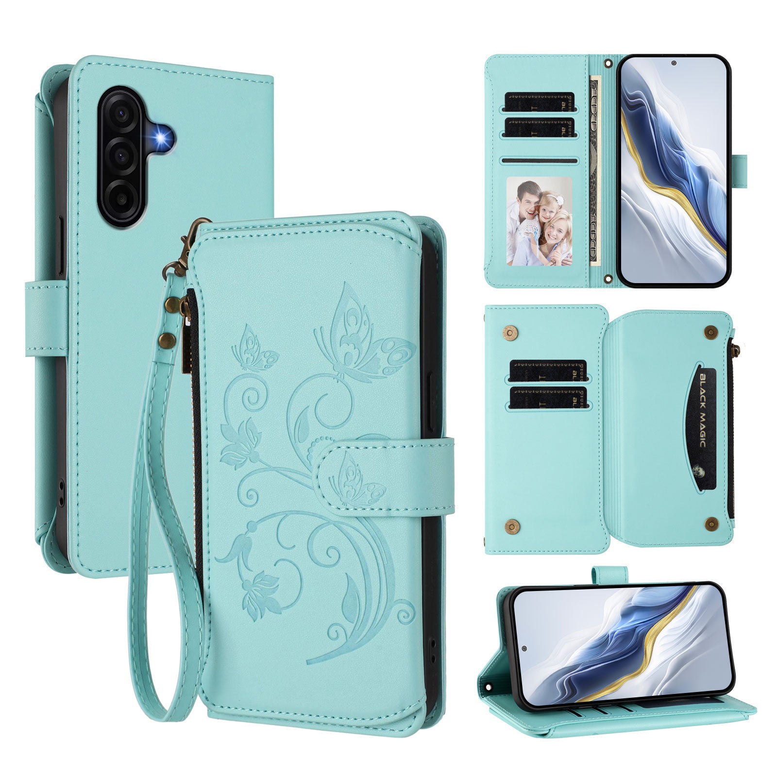 For Samsung Galaxy A57 5G Leather Case Butterfly Floral Imprint Zipper Wallet Stand Cover with Wrist Strap - Mint Green