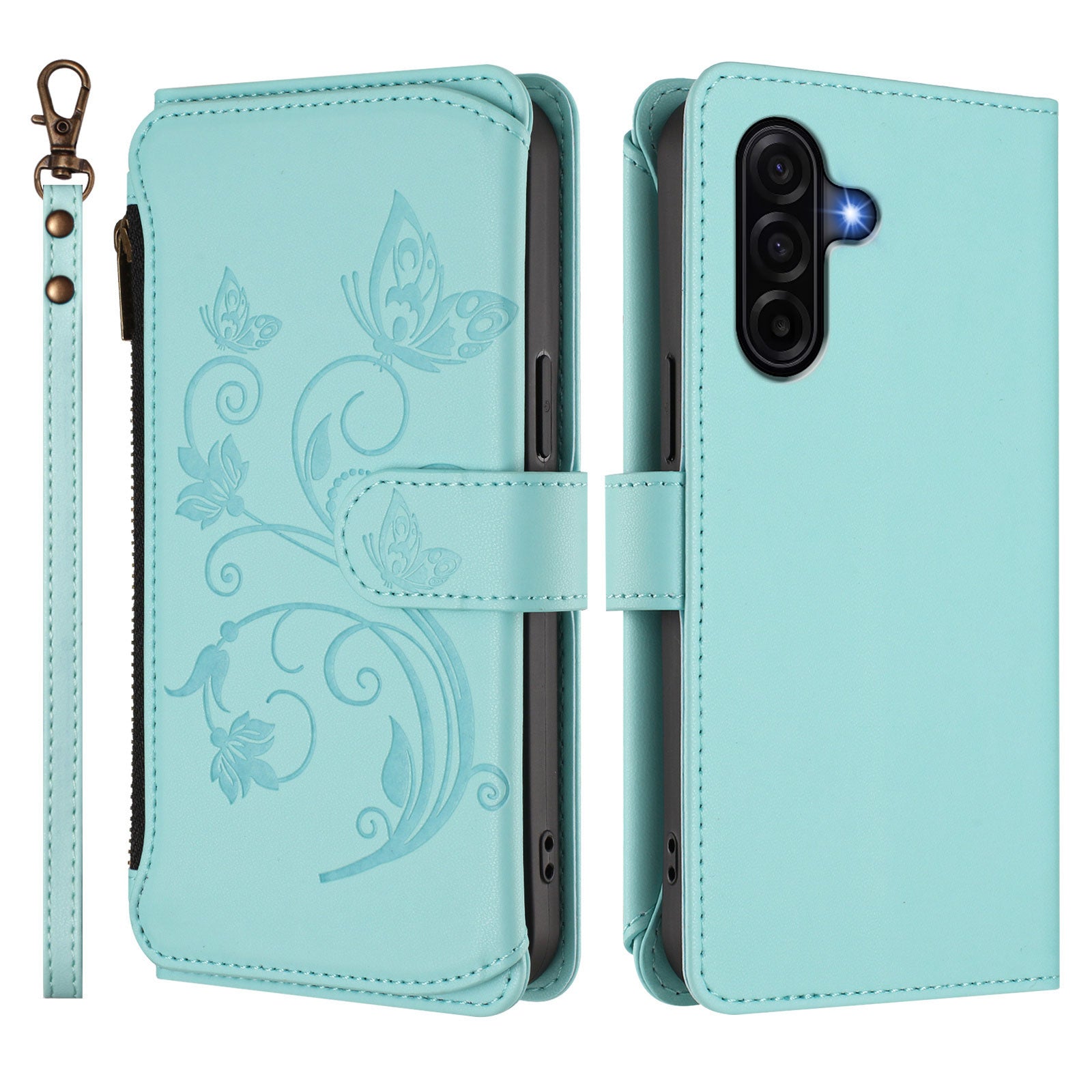 For Samsung Galaxy A57 5G Leather Case Butterfly Floral Imprint Zipper Wallet Stand Cover with Wrist Strap - Mint Green