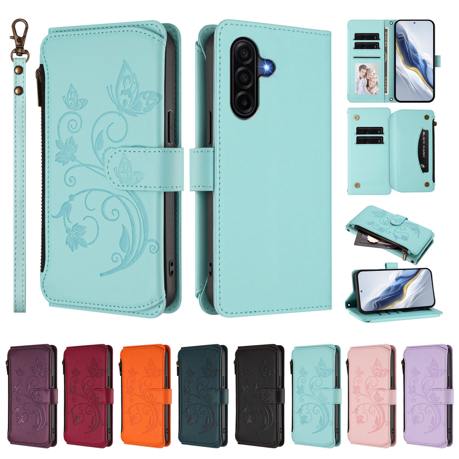 For Samsung Galaxy A57 5G Leather Case Butterfly Floral Imprint Zipper Wallet Stand Cover with Wrist Strap - Mint Green