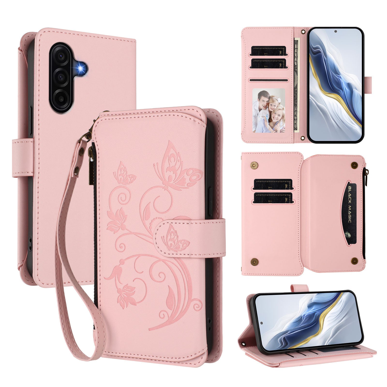 For Samsung Galaxy A57 5G Leather Case Butterfly Floral Imprint Zipper Wallet Stand Cover with Wrist Strap - Pink