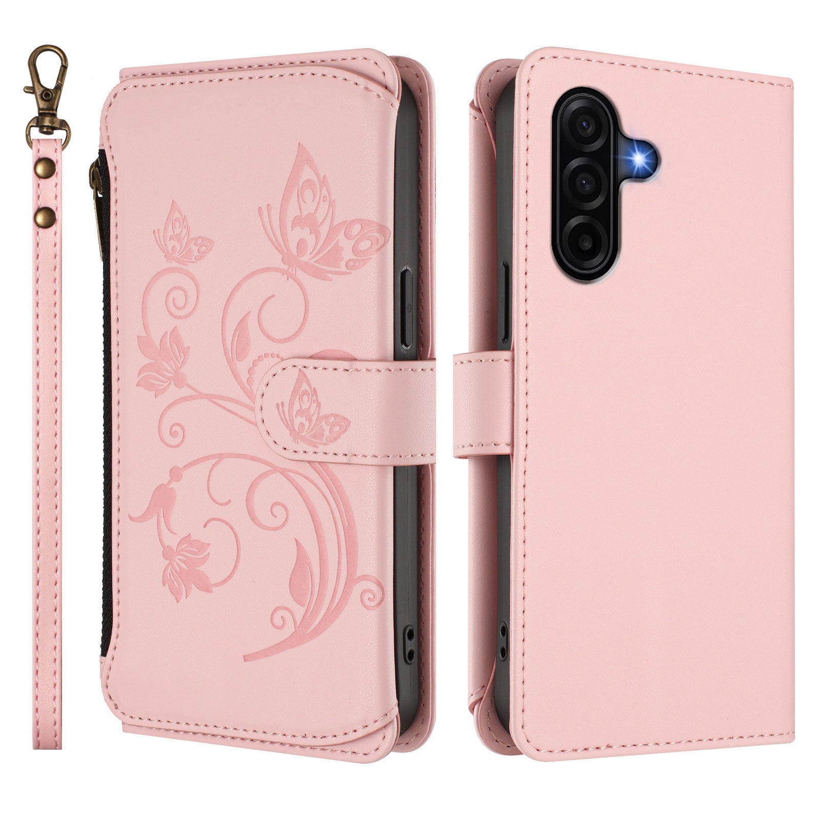 For Samsung Galaxy A57 5G Leather Case Butterfly Floral Imprint Zipper Wallet Stand Cover with Wrist Strap - Pink