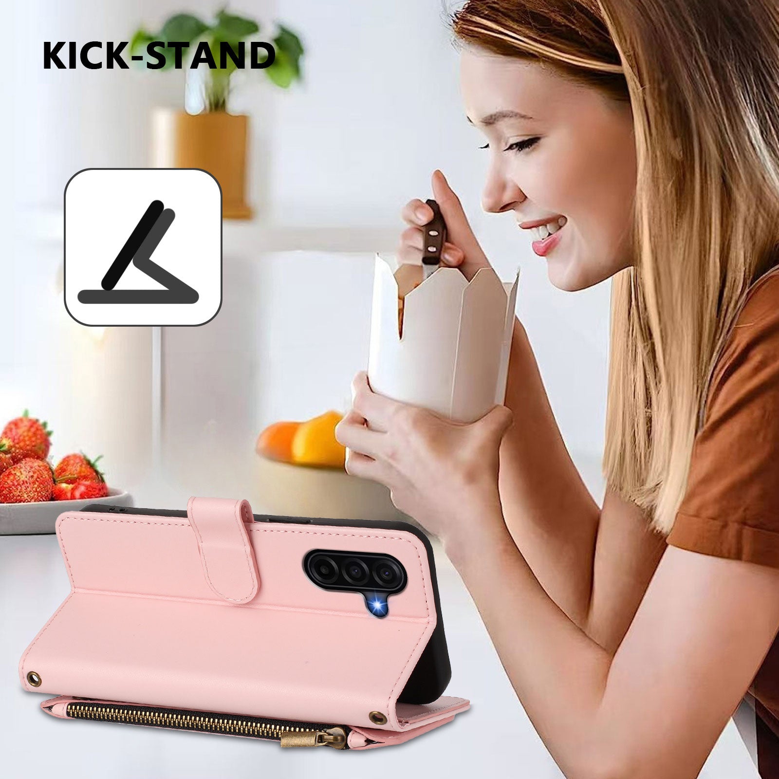 For Samsung Galaxy A57 5G Leather Case Butterfly Floral Imprint Zipper Wallet Stand Cover with Wrist Strap - Pink