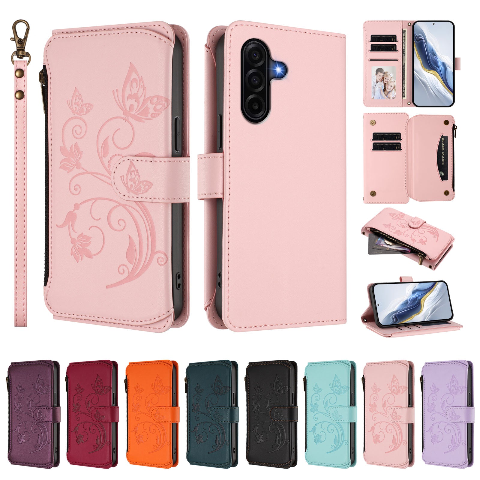 For Samsung Galaxy A57 5G Leather Case Butterfly Floral Imprint Zipper Wallet Stand Cover with Wrist Strap - Pink