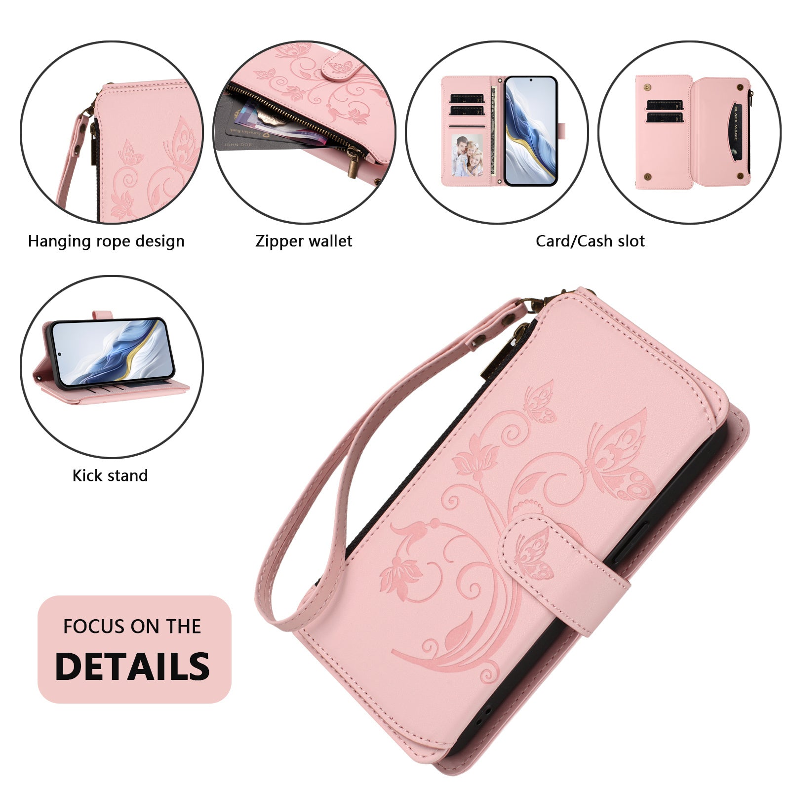 For Samsung Galaxy A57 5G Leather Case Butterfly Floral Imprint Zipper Wallet Stand Cover with Wrist Strap - Pink