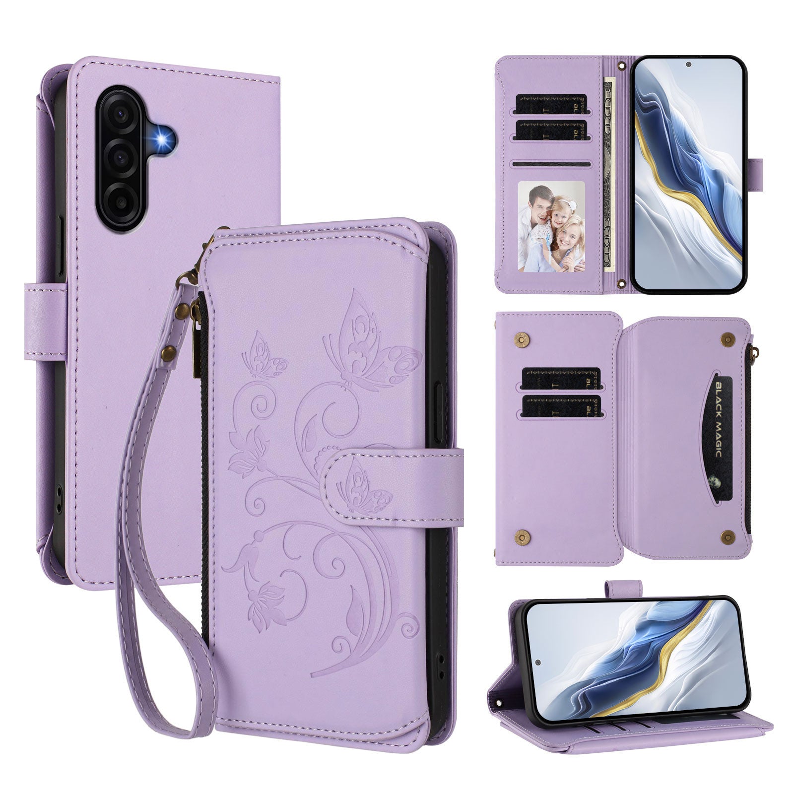 For Samsung Galaxy A57 5G Leather Case Butterfly Floral Imprint Zipper Wallet Stand Cover with Wrist Strap - Light Purple