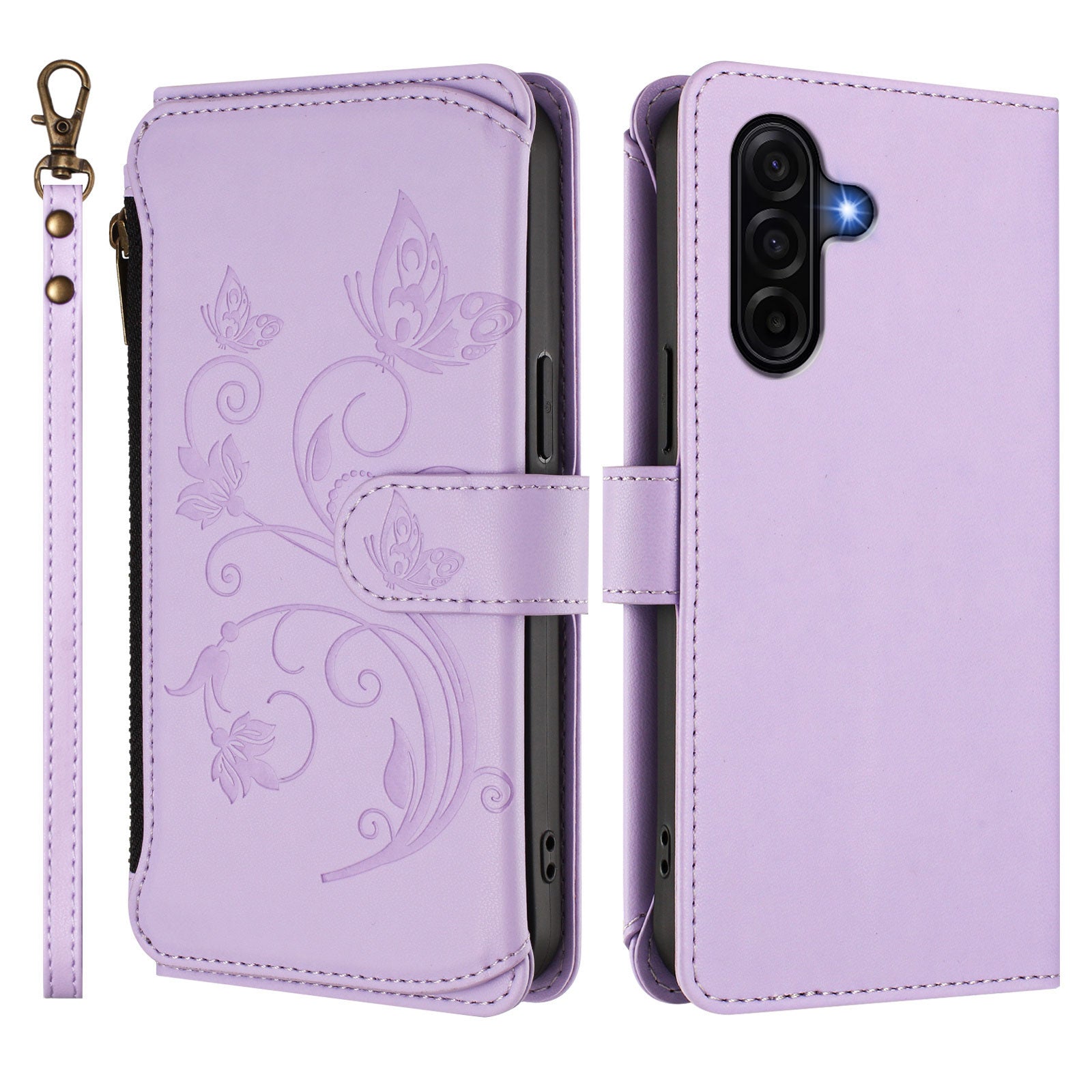 For Samsung Galaxy A57 5G Leather Case Butterfly Floral Imprint Zipper Wallet Stand Cover with Wrist Strap - Light Purple