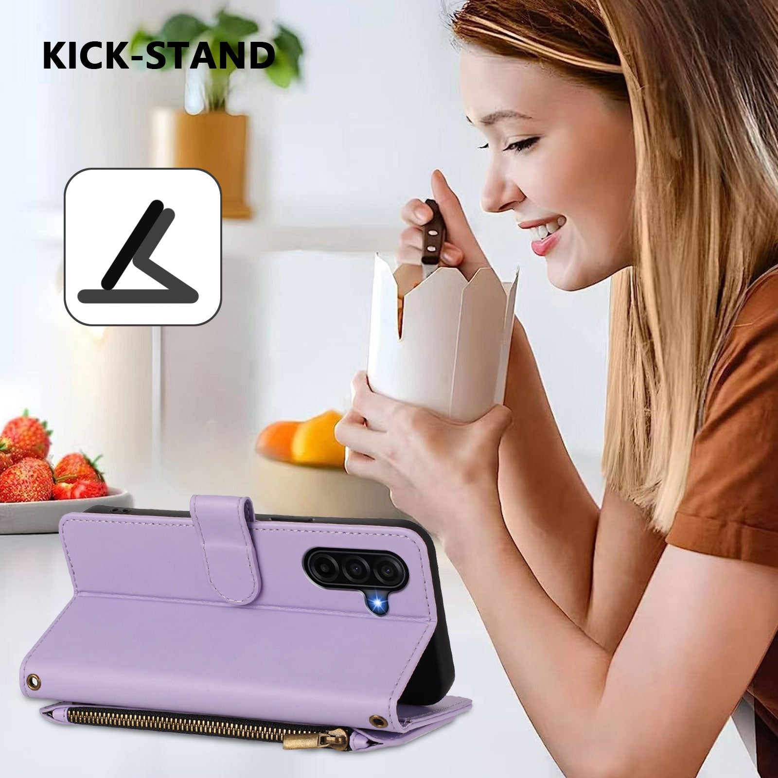 For Samsung Galaxy A57 5G Leather Case Butterfly Floral Imprint Zipper Wallet Stand Cover with Wrist Strap - Light Purple