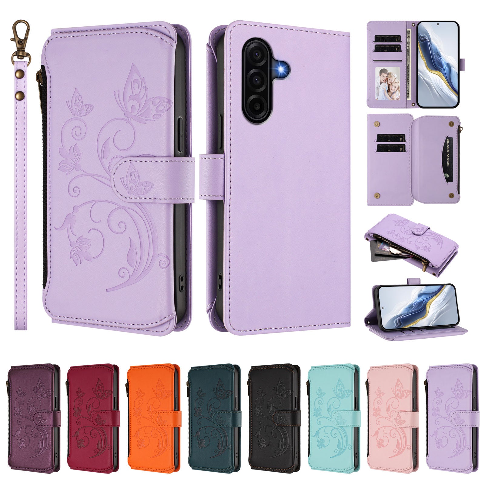 For Samsung Galaxy A57 5G Leather Case Butterfly Floral Imprint Zipper Wallet Stand Cover with Wrist Strap - Light Purple