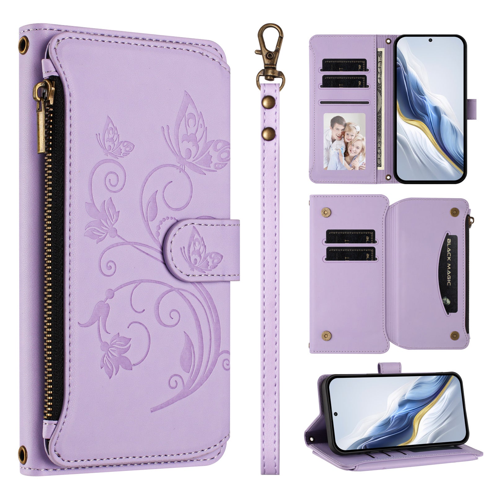 For Samsung Galaxy A57 5G Leather Case Butterfly Floral Imprint Zipper Wallet Stand Cover with Wrist Strap - Light Purple