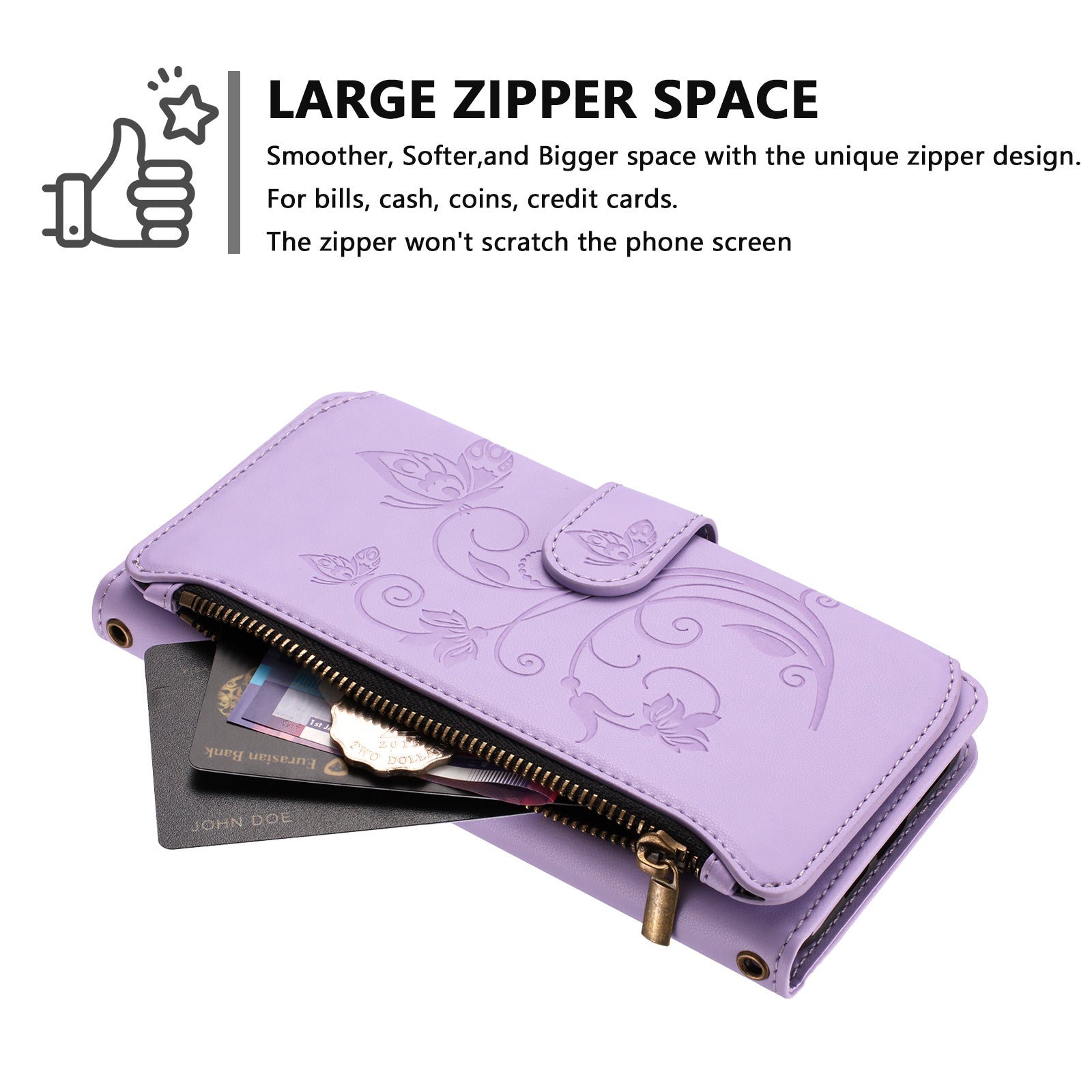 For Samsung Galaxy A57 5G Leather Case Butterfly Floral Imprint Zipper Wallet Stand Cover with Wrist Strap - Light Purple