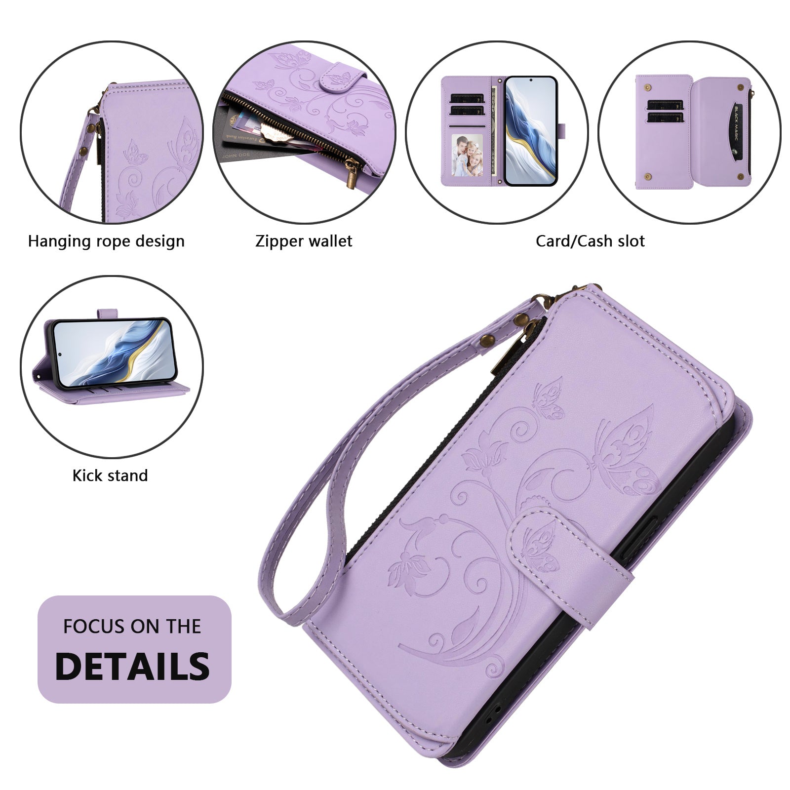For Samsung Galaxy A57 5G Leather Case Butterfly Floral Imprint Zipper Wallet Stand Cover with Wrist Strap - Light Purple