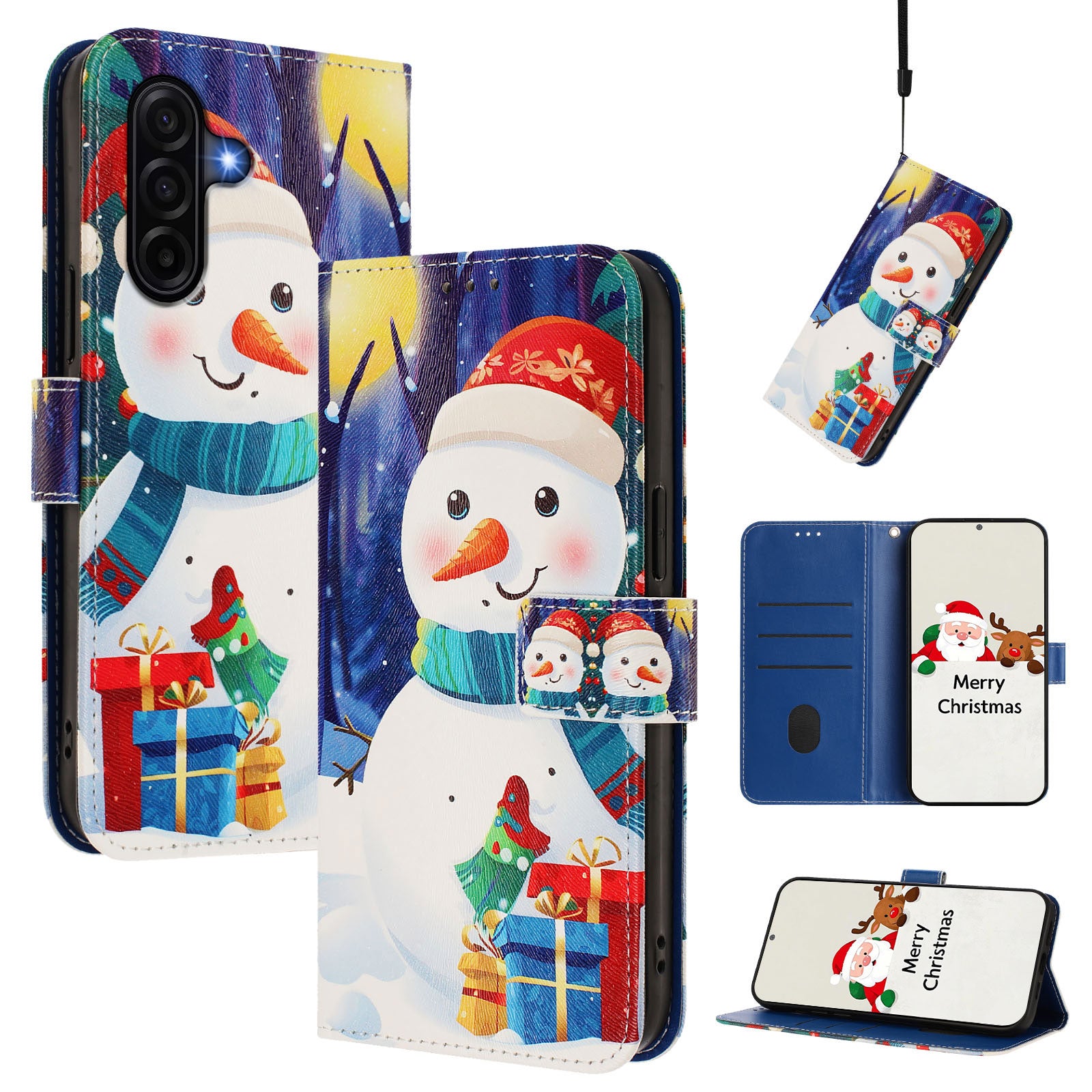 For Samsung Galaxy A57 5G Wallet Case Christmas Pattern Printing Leather Phone Cover with Lanyard - Gift Box Snowman