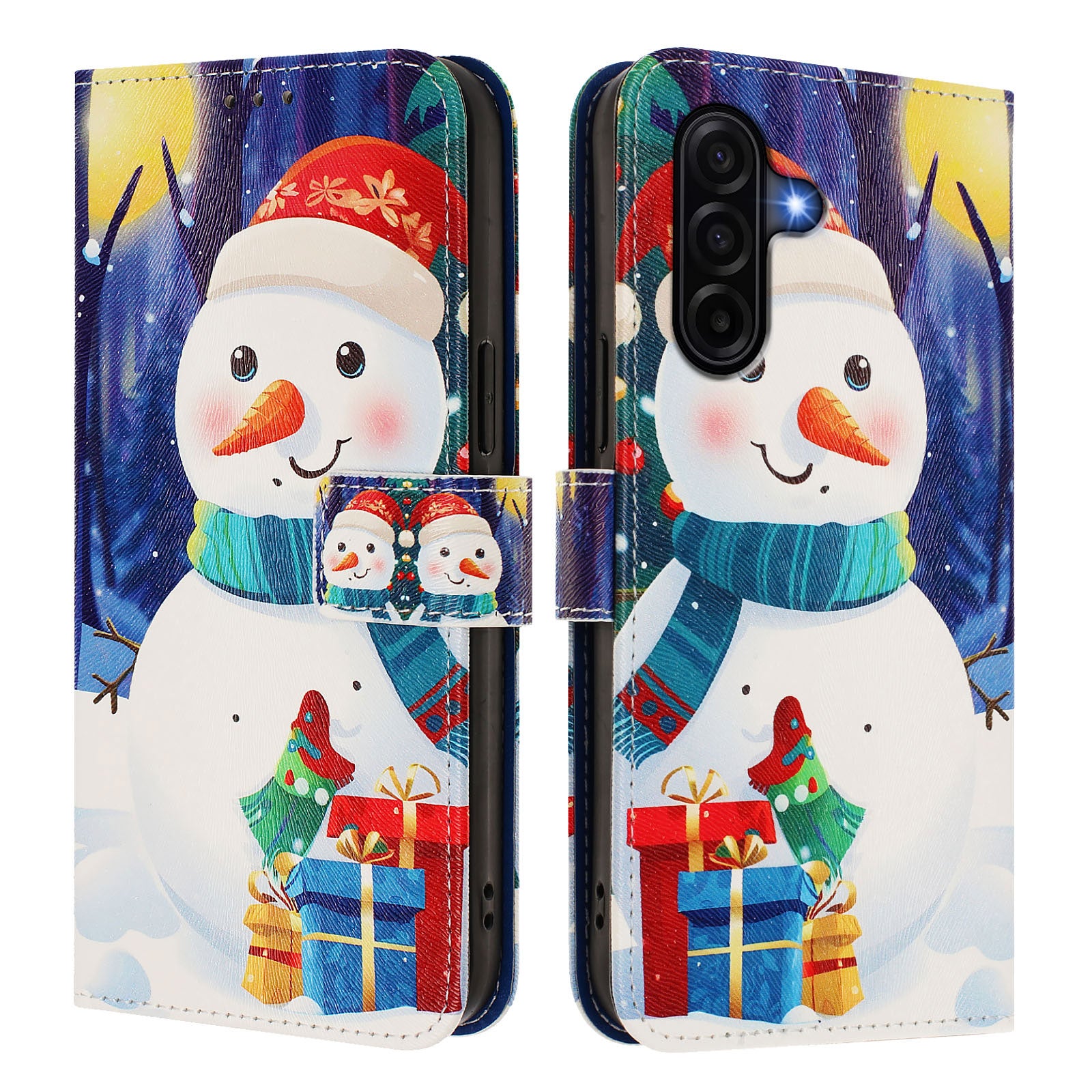 For Samsung Galaxy A57 5G Wallet Case Christmas Pattern Printing Leather Phone Cover with Lanyard - Gift Box Snowman