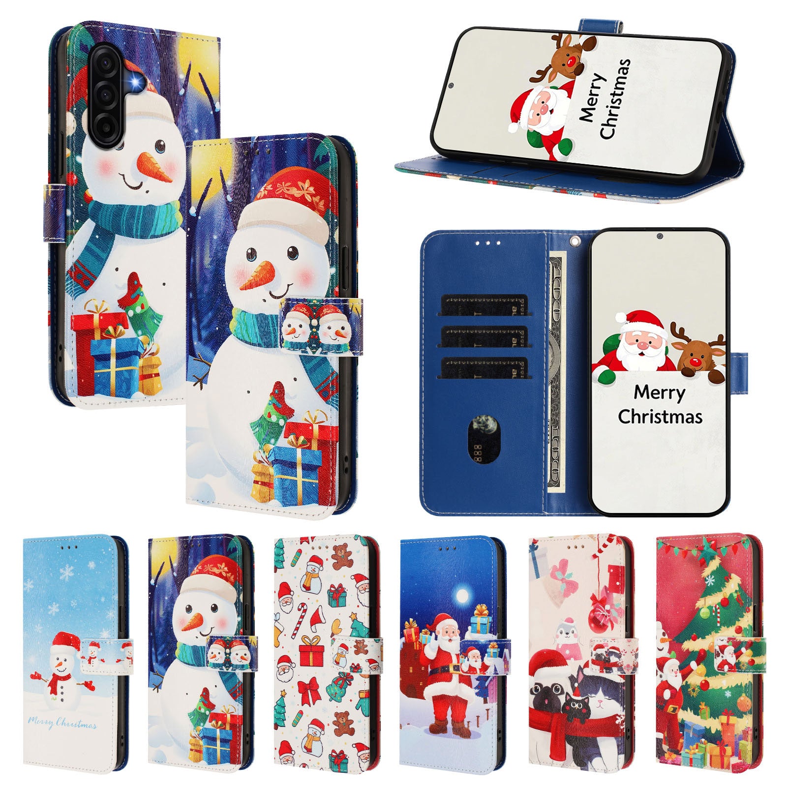 For Samsung Galaxy A57 5G Wallet Case Christmas Pattern Printing Leather Phone Cover with Lanyard - Gift Box Snowman