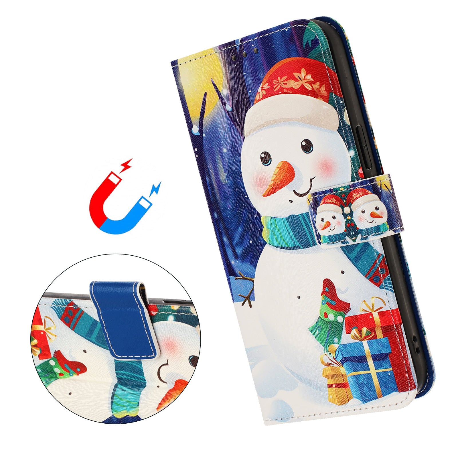 For Samsung Galaxy A57 5G Wallet Case Christmas Pattern Printing Leather Phone Cover with Lanyard - Gift Box Snowman