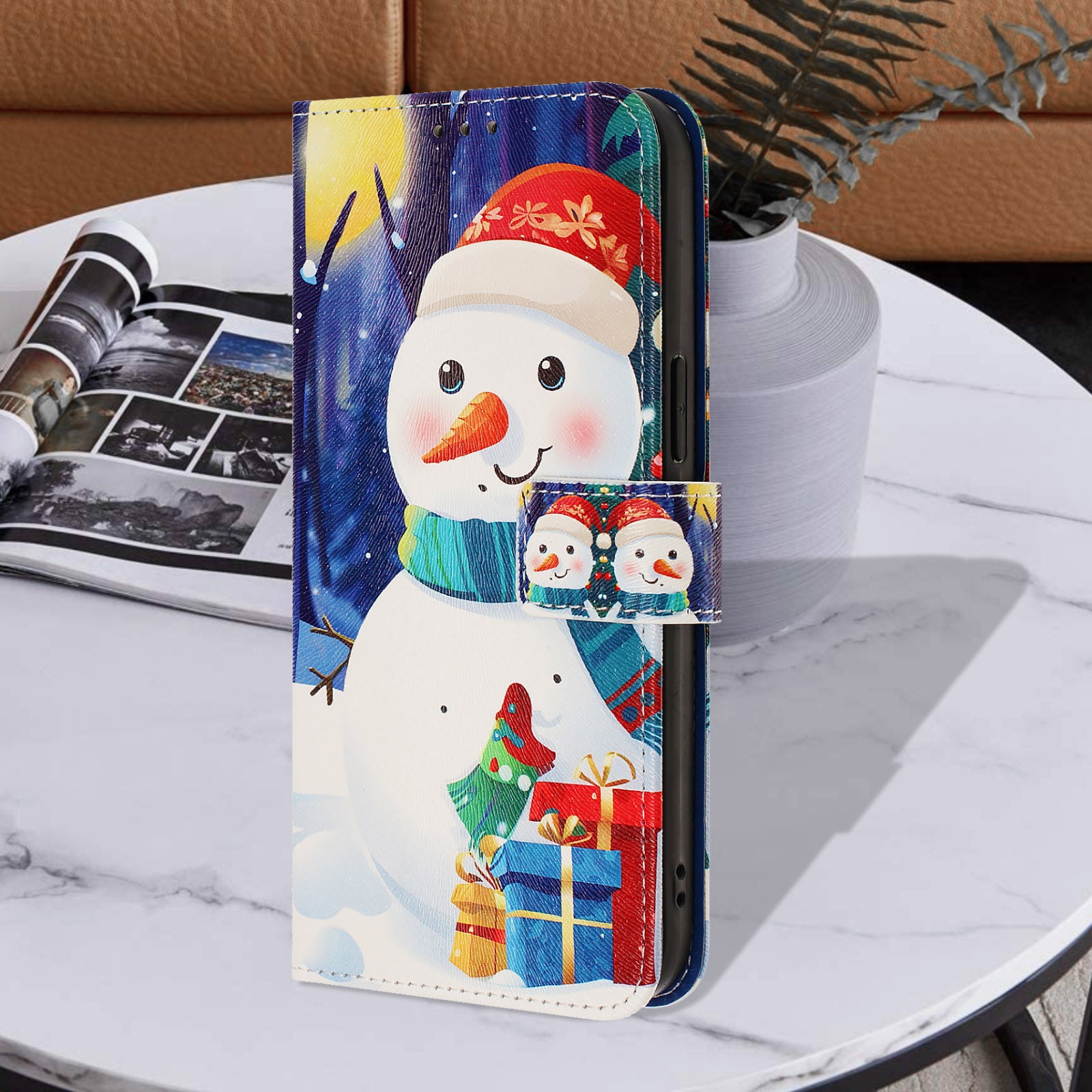 For Samsung Galaxy A57 5G Wallet Case Christmas Pattern Printing Leather Phone Cover with Lanyard - Gift Box Snowman