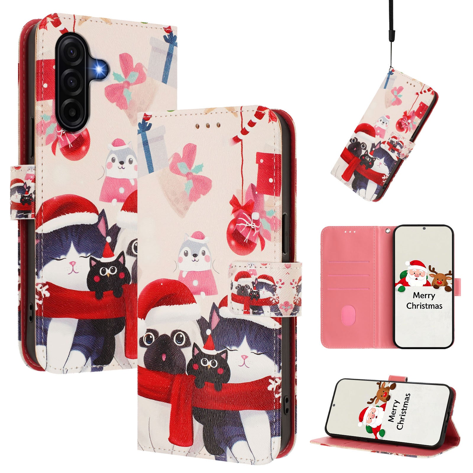 For Samsung Galaxy A57 5G Wallet Case Christmas Pattern Printing Leather Phone Cover with Lanyard - Christmas Animals