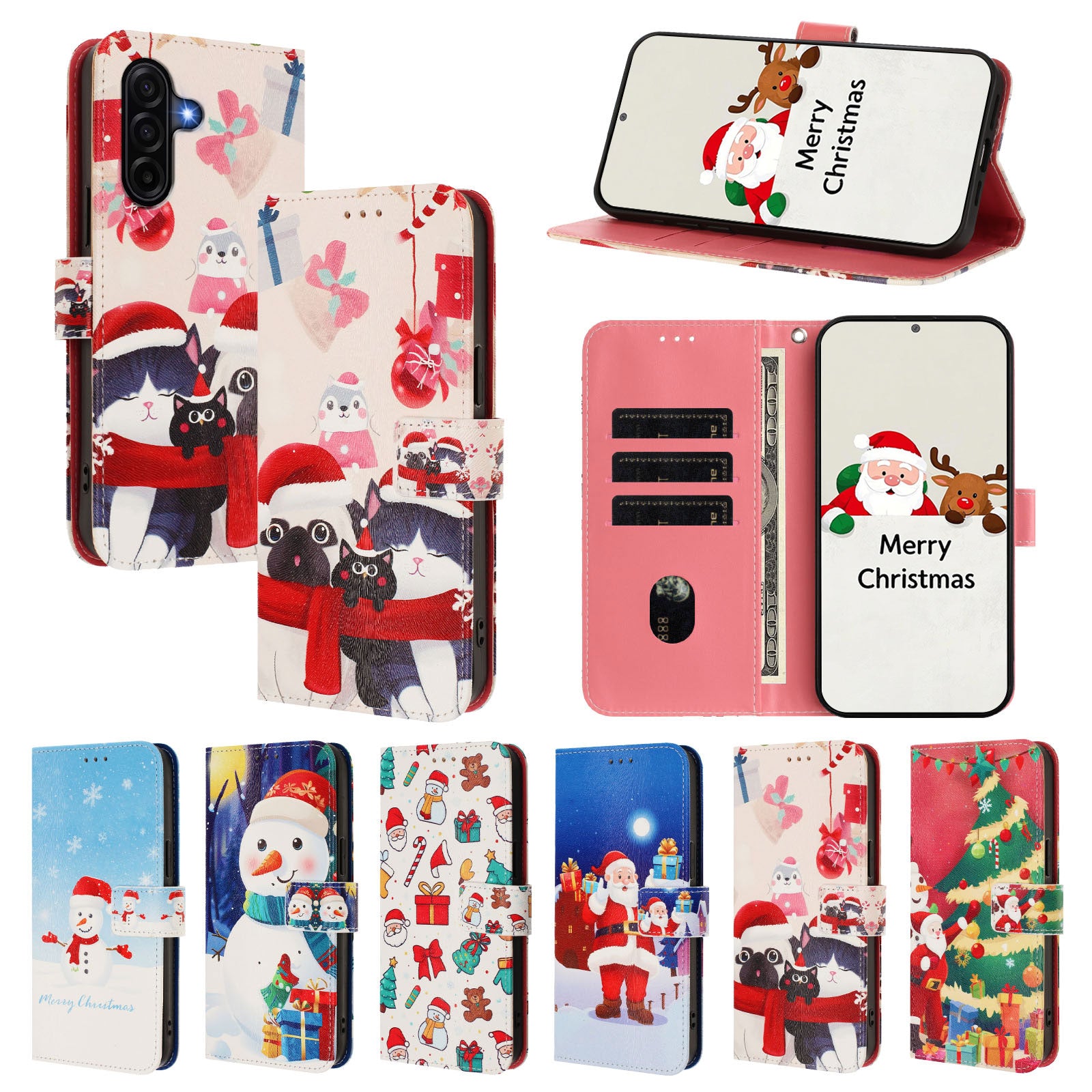 For Samsung Galaxy A57 5G Wallet Case Christmas Pattern Printing Leather Phone Cover with Lanyard - Christmas Animals