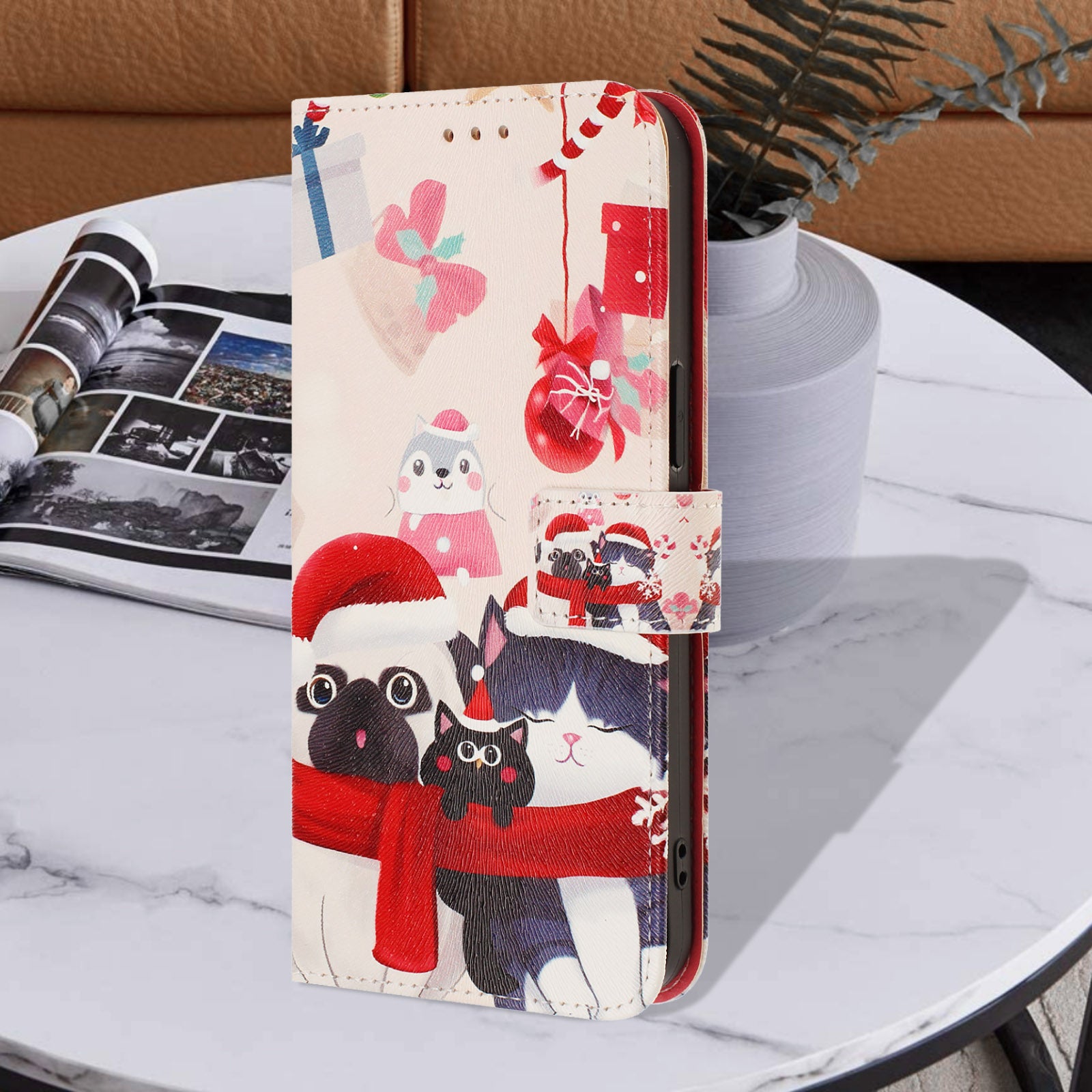 For Samsung Galaxy A57 5G Wallet Case Christmas Pattern Printing Leather Phone Cover with Lanyard - Christmas Animals