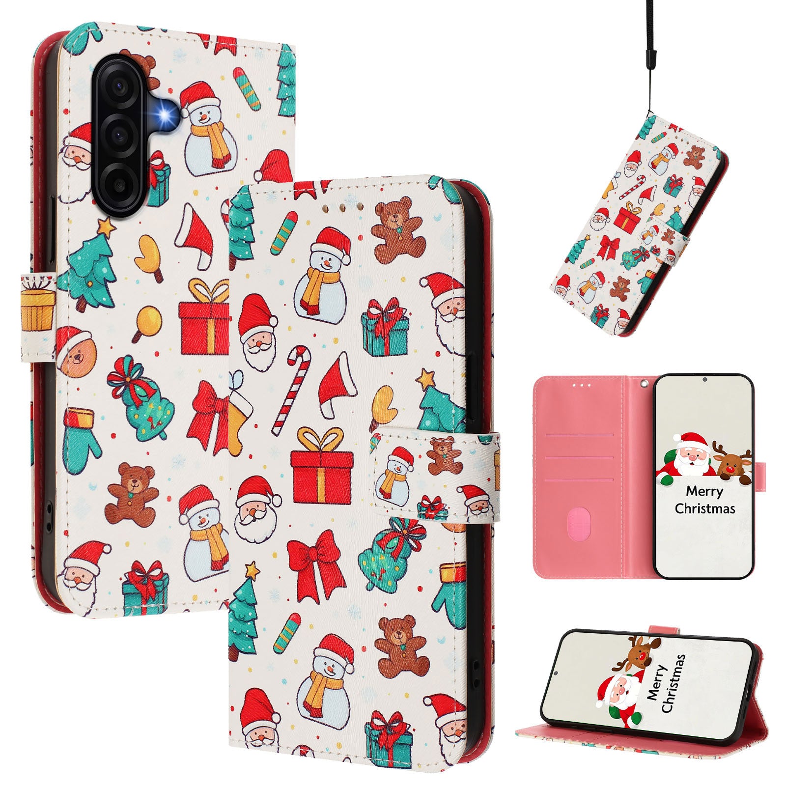 For Samsung Galaxy A57 5G Wallet Case Christmas Pattern Printing Leather Phone Cover with Lanyard - Christmas Elements