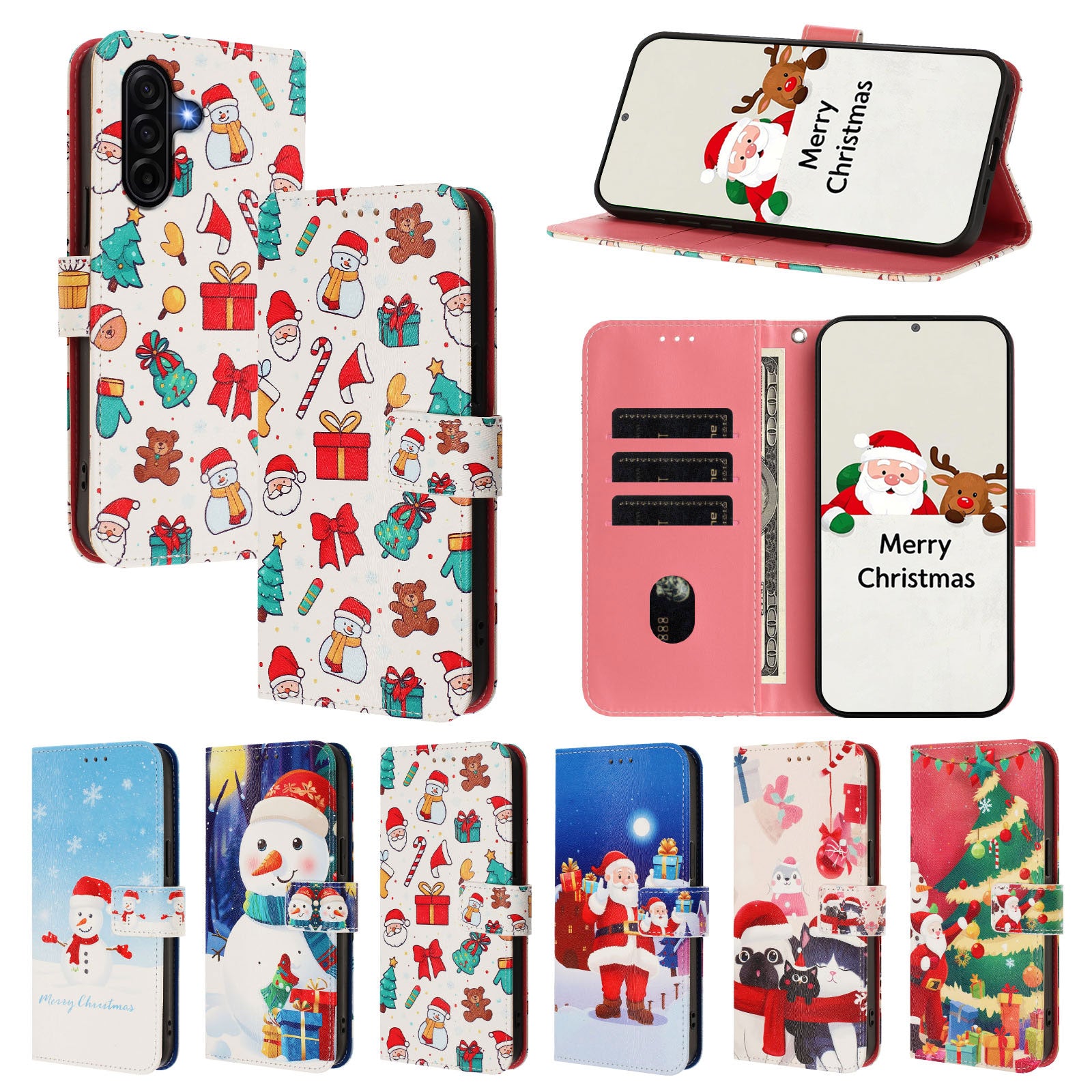 For Samsung Galaxy A57 5G Wallet Case Christmas Pattern Printing Leather Phone Cover with Lanyard - Christmas Elements