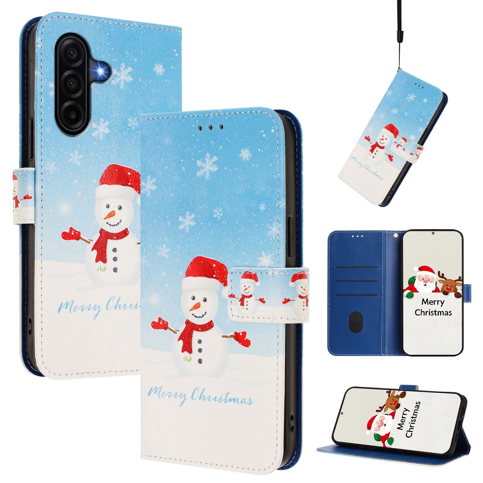 For Samsung Galaxy A57 5G Wallet Case Christmas Pattern Printing Leather Phone Cover with Lanyard - Snowflake Snowman
