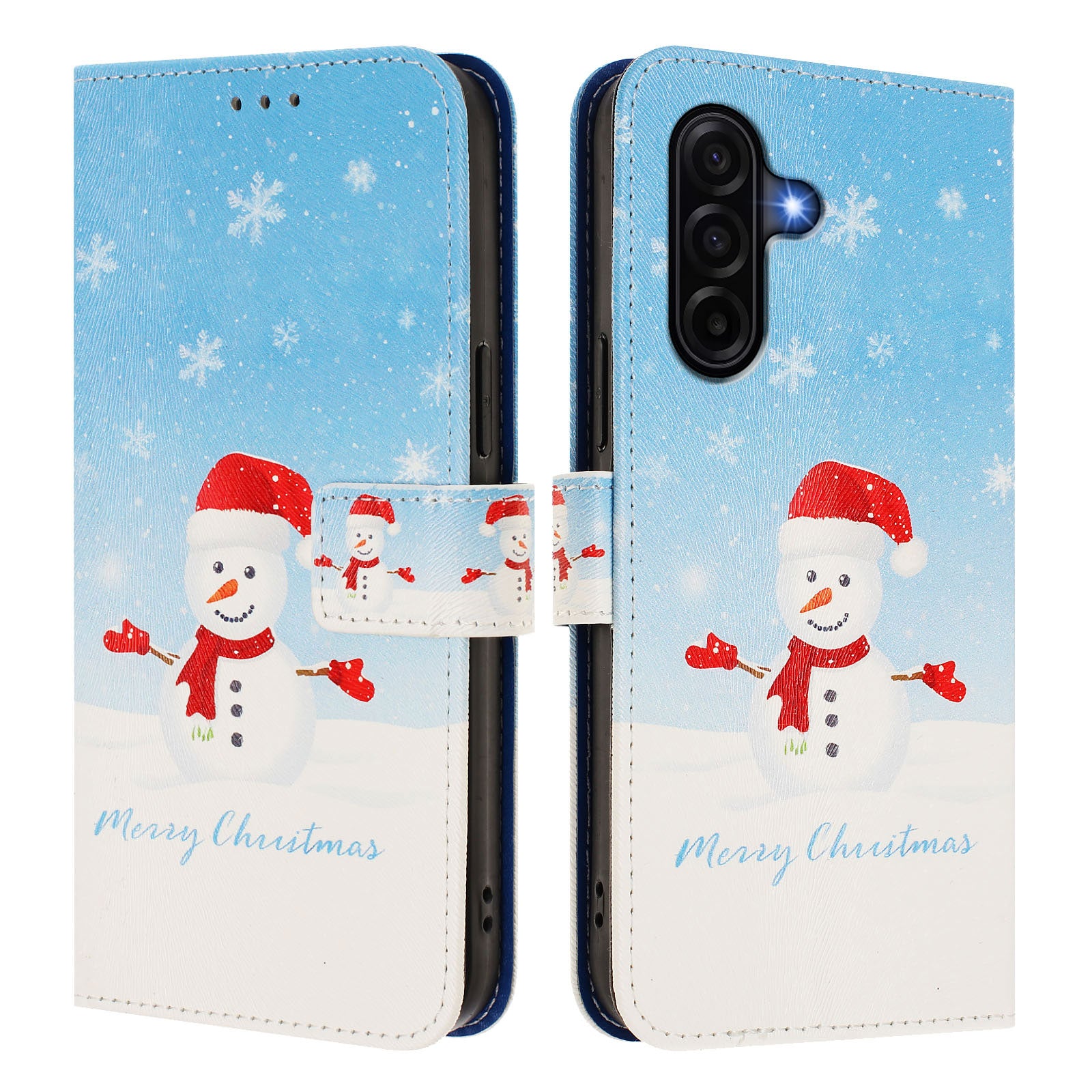 For Samsung Galaxy A57 5G Wallet Case Christmas Pattern Printing Leather Phone Cover with Lanyard - Snowflake Snowman