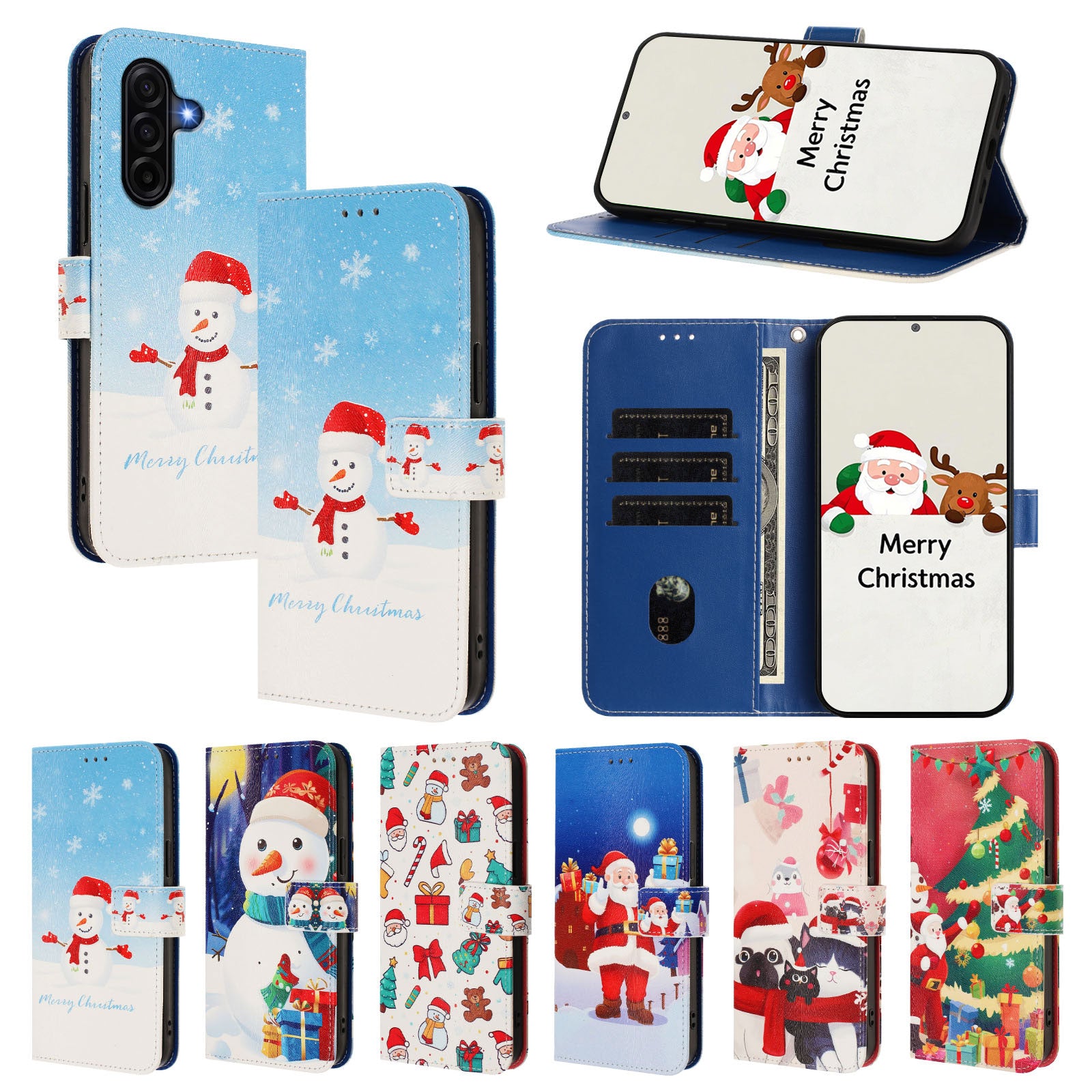For Samsung Galaxy A57 5G Wallet Case Christmas Pattern Printing Leather Phone Cover with Lanyard - Snowflake Snowman