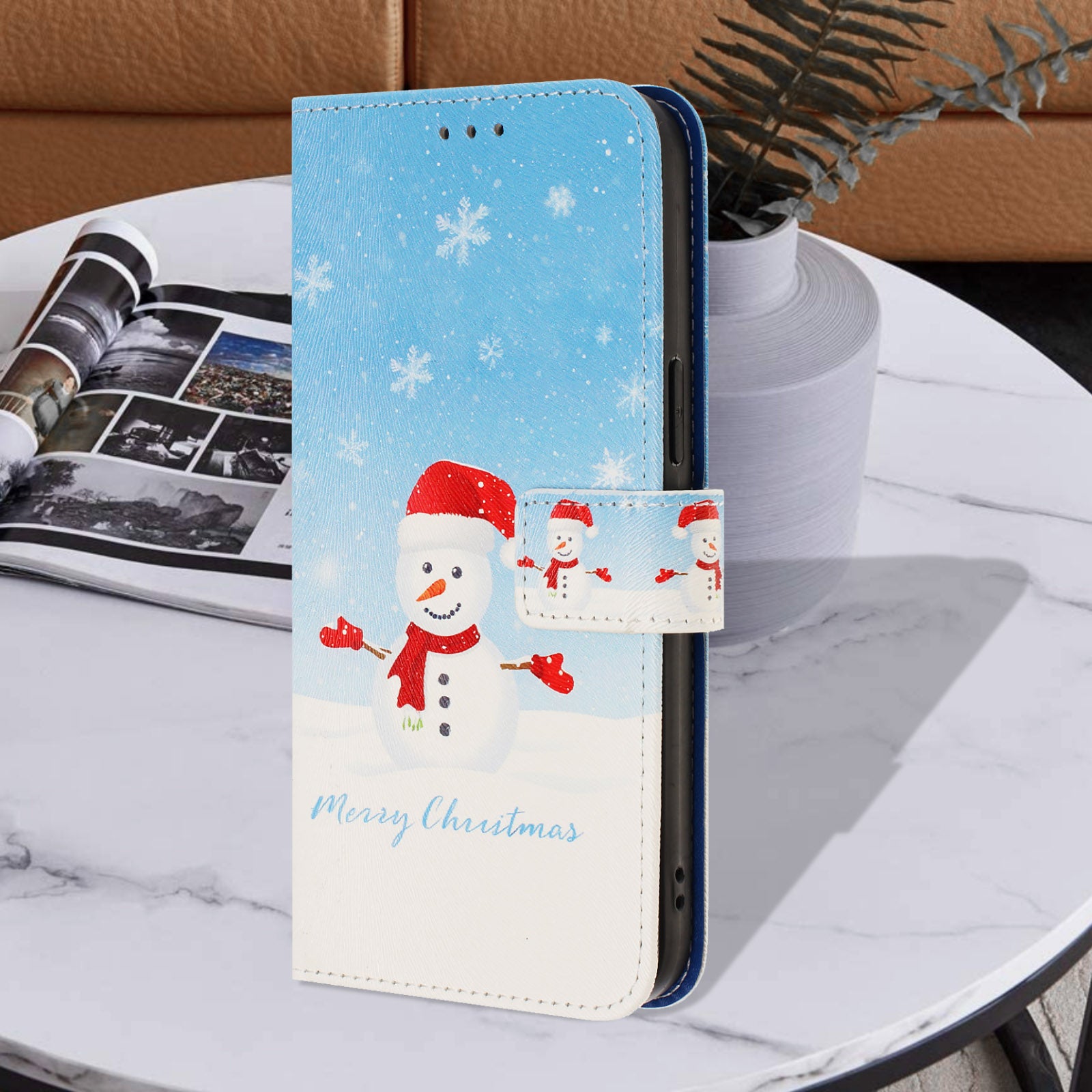For Samsung Galaxy A57 5G Wallet Case Christmas Pattern Printing Leather Phone Cover with Lanyard - Snowflake Snowman