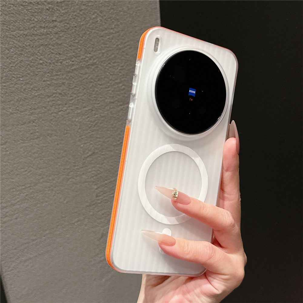 For vivo X300 Pro 5G TPU Magnetic Case Matte Corrugated Stripes Design Phone Back Cover with Tempered Glass  - Orange