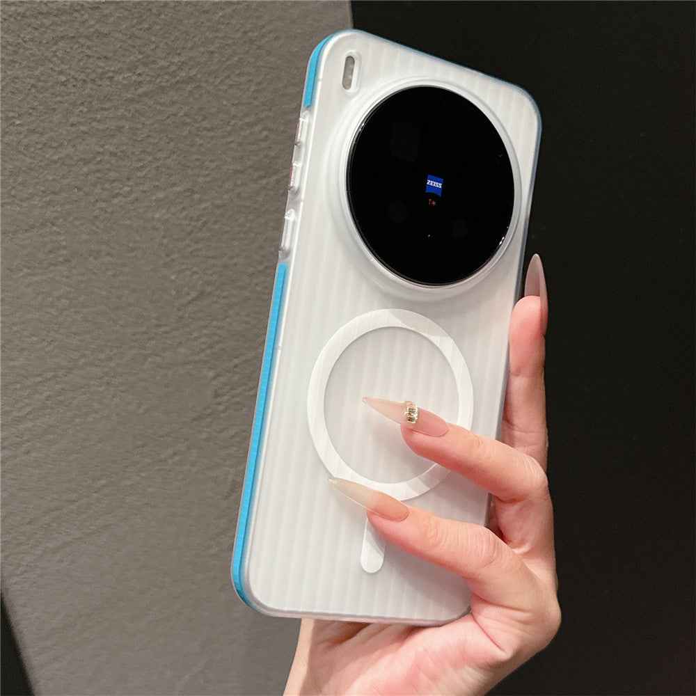 For vivo X300 Pro 5G TPU Magnetic Case Matte Corrugated Stripes Design Phone Back Cover with Tempered Glass  - Blue