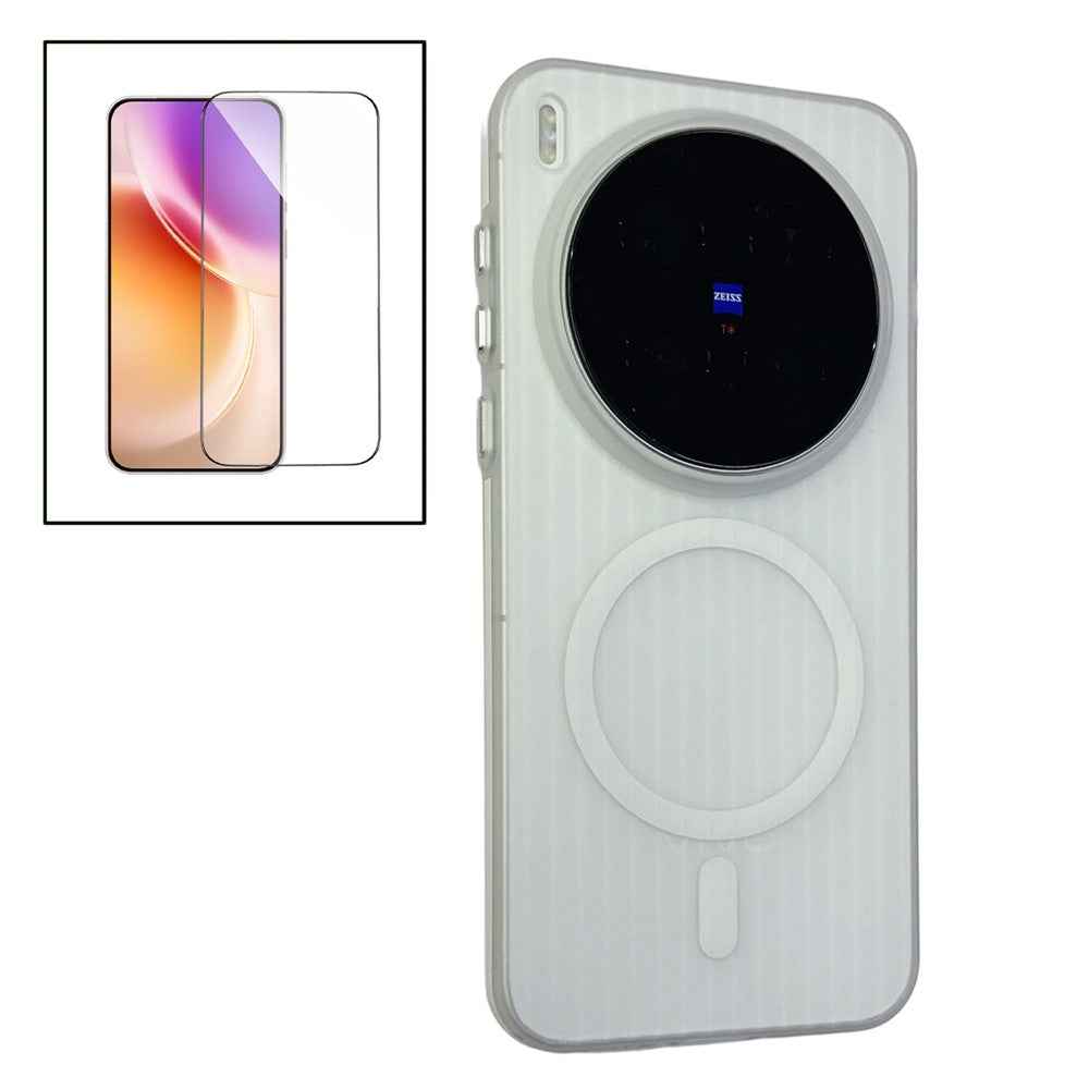 For vivo X300 5G TPU Magnetic Case Matte Corrugated Stripes Design Phone Back Cover with Tempered Glass - White