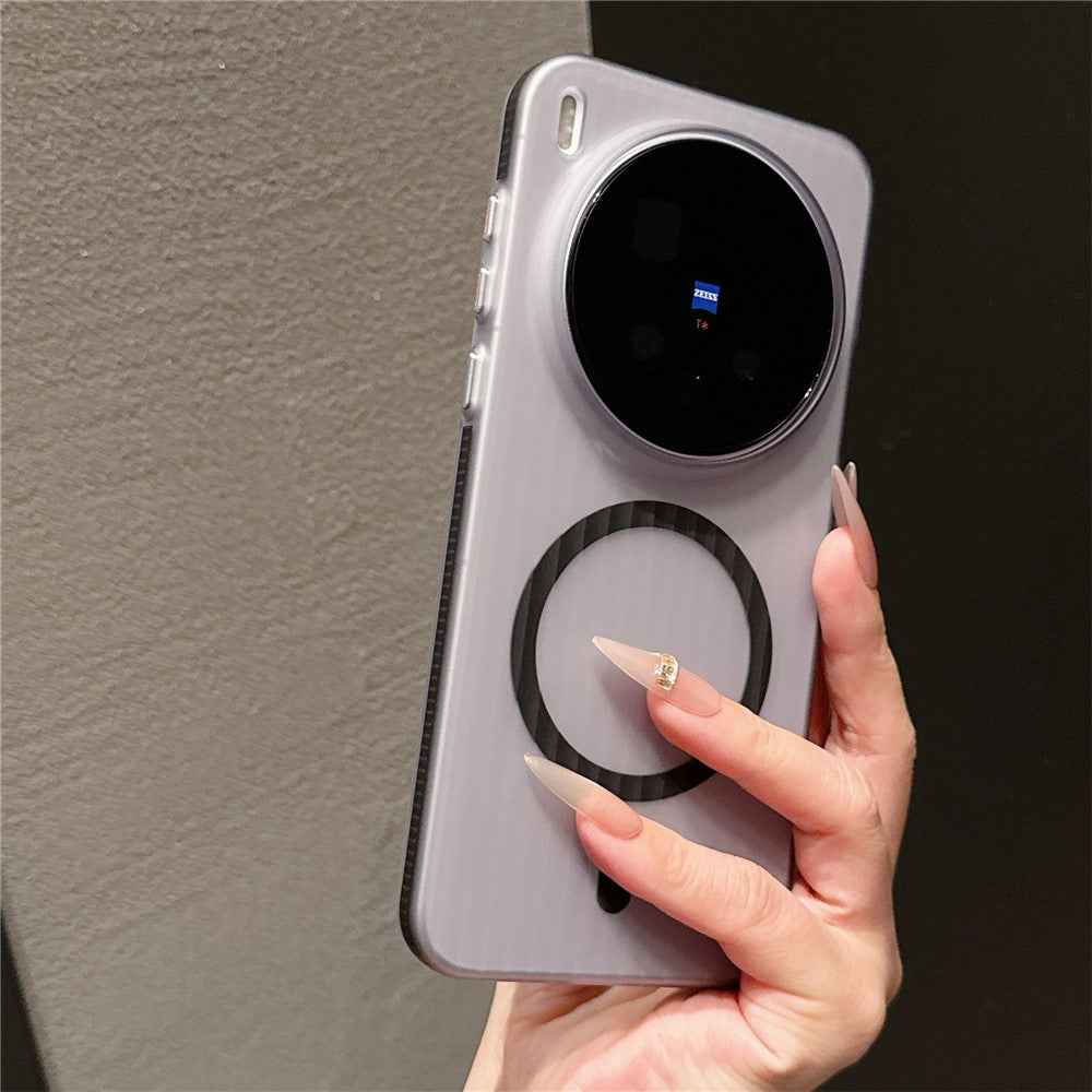 For vivo X300 5G TPU Magnetic Case Matte Corrugated Stripes Design Phone Back Cover with Tempered Glass - Black