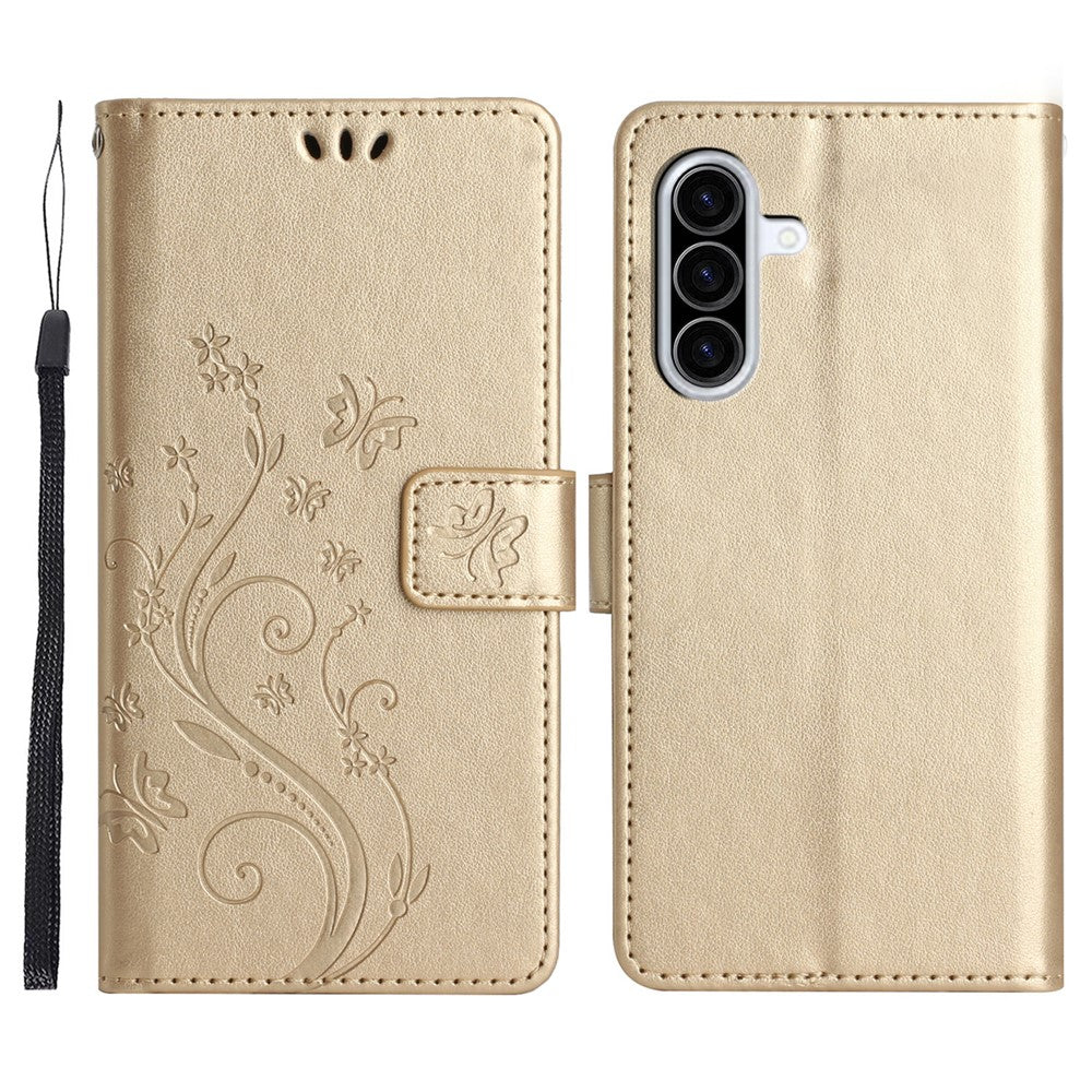 For Samsung Galaxy A57 5G Leather Wallet Case Butterfly Flower Imprinted Phone Cover with Strap - Gold